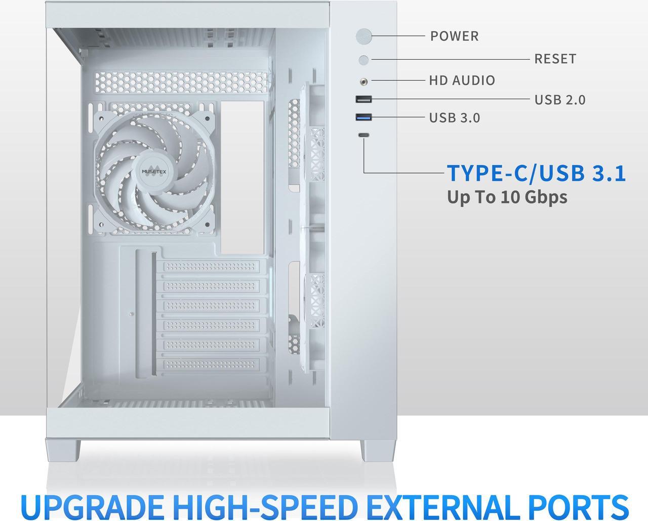 Alt view image 3 of 6 - MUSETEX ATX PC Case, 360MM RAD Support, 3 x 120mm Fans Pre-Installed, 270° Full View Tempered Glass Gaming PC Case with Type-C, Mid Tower ATX Computer Case, White, Y6