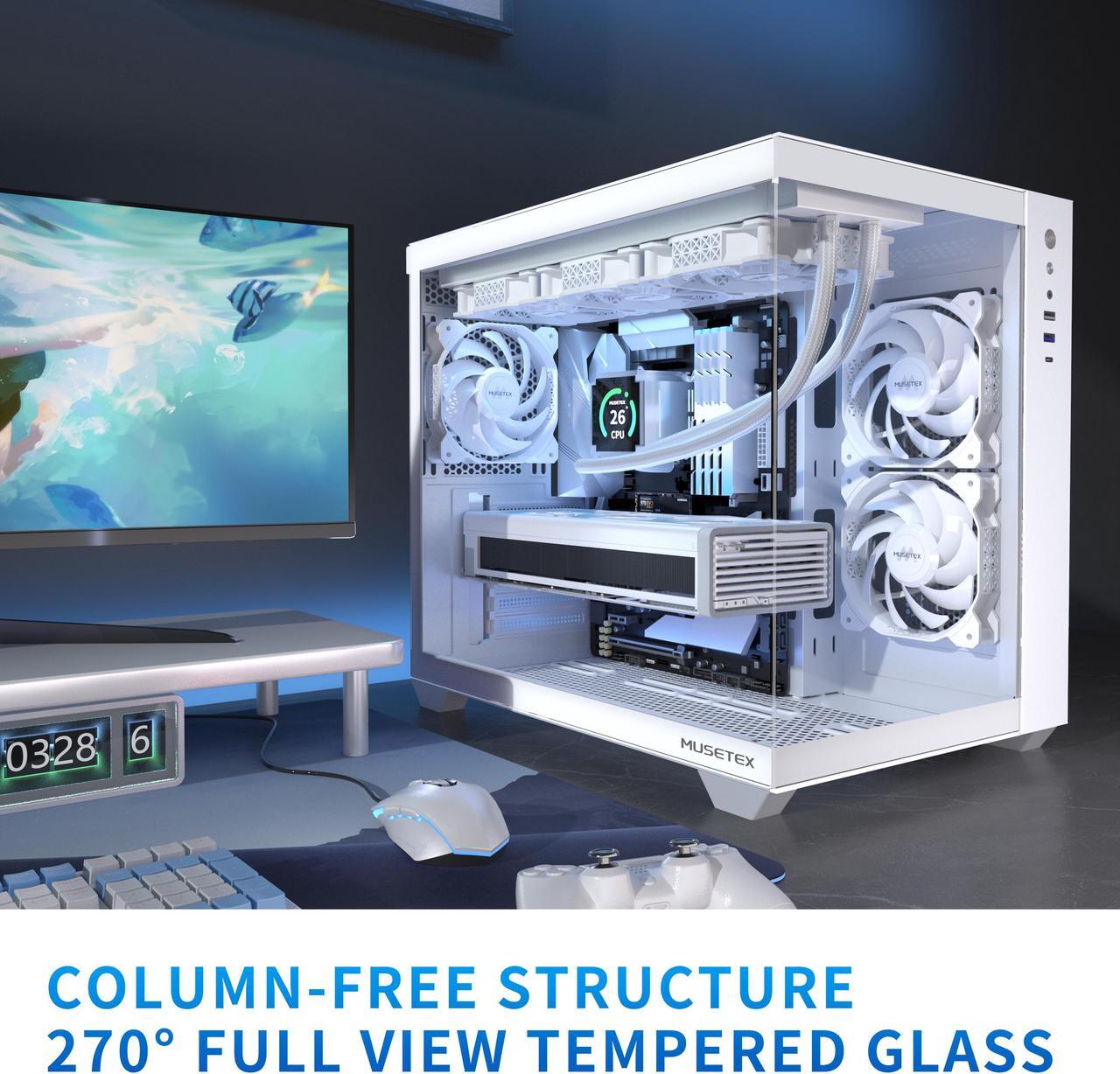 Alt view image 2 of 6 - MUSETEX ATX PC Case, 360MM RAD Support, 3 x 120mm Fans Pre-Installed, 270° Full View Tempered Glass Gaming PC Case with Type-C, Mid Tower ATX Computer Case, White, Y6