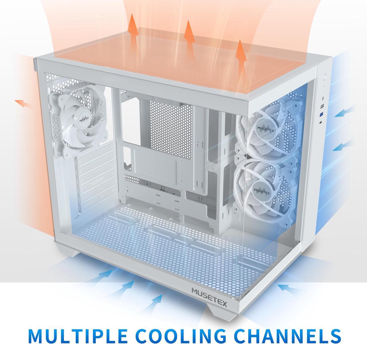 Alt view image 4 of 6 - MUSETEX ATX PC Case, 360MM RAD Support, 3 x 120mm Fans Pre-Installed, 270° Full View Tempered Glass Gaming PC Case with Type-C, Mid Tower ATX Computer Case, White, Y6