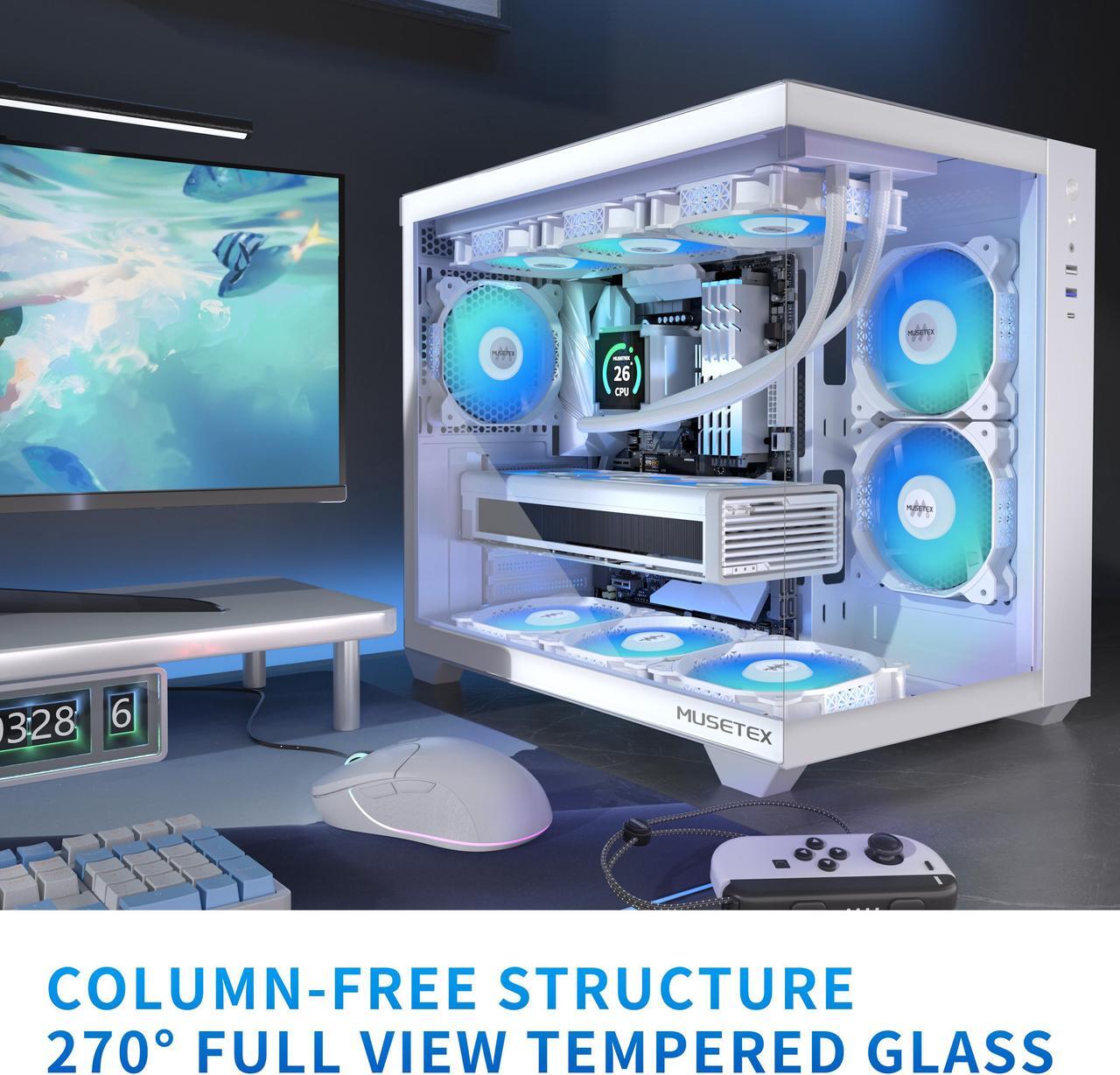 Alt view image 4 of 7 - MUSETEX ATX PC Case, 6 PWM ARGB Fans Pre-Installed, 360MM RAD Support, Type-C Gaming PC Case, 270° Full View Tempered Glass Mid Tower, Pure White ATX Computer Case,Y6