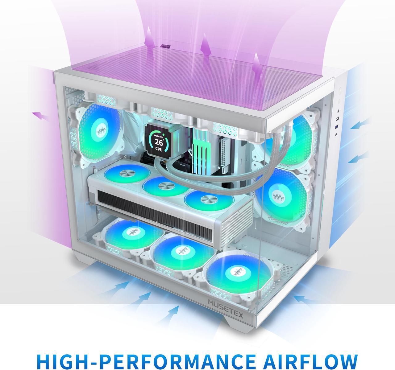 Alt view image 3 of 7 - MUSETEX ATX PC Case, 6 PWM ARGB Fans Pre-Installed, 360MM RAD Support, Type-C Gaming PC Case, 270° Full View Tempered Glass Mid Tower, Pure White ATX Computer Case,Y6