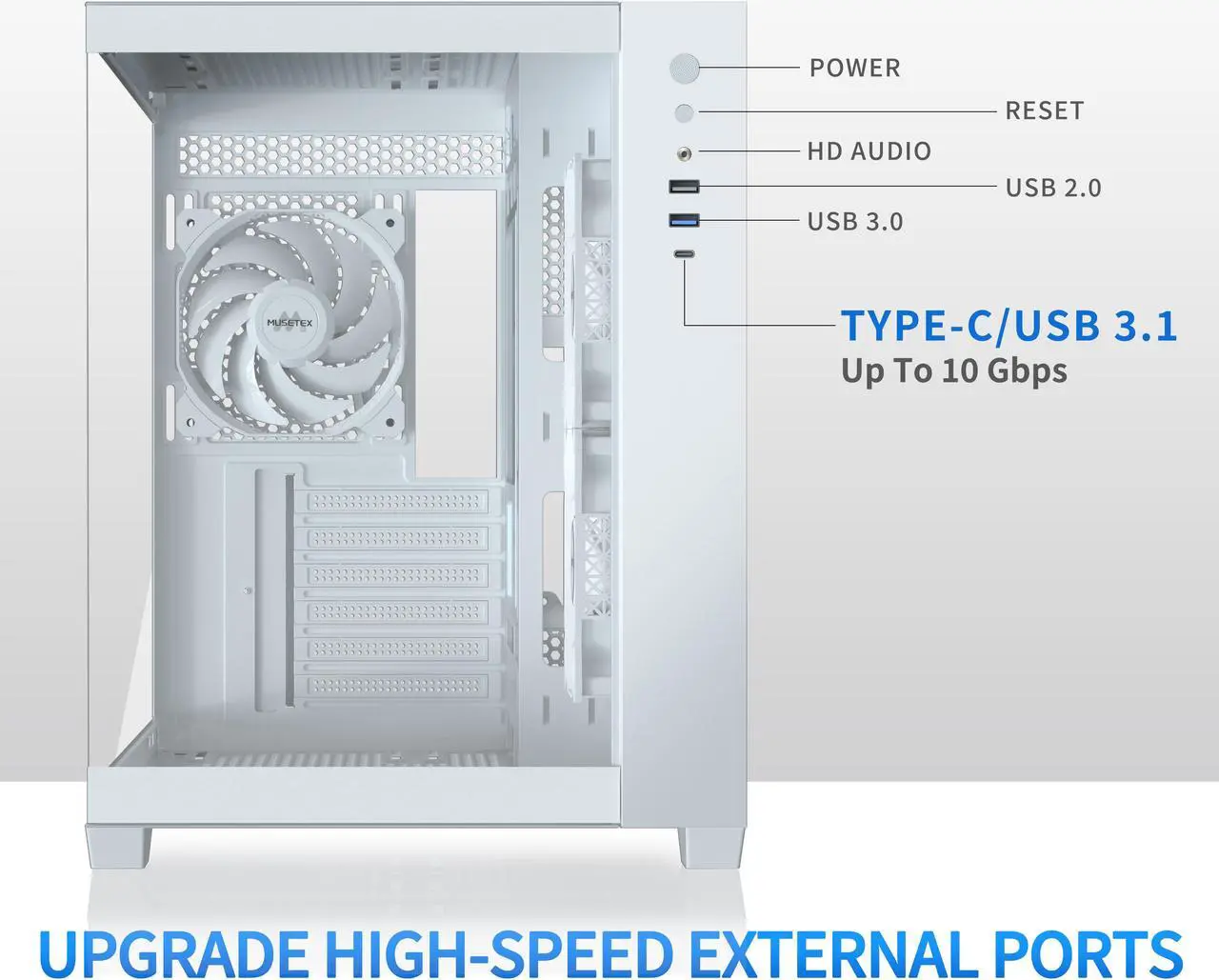 Alt view image 5 of 7 - MUSETEX ATX PC Case, 6 PWM ARGB Fans Pre-Installed, 360MM RAD Support, Type-C Gaming PC Case, 270° Full View Tempered Glass Mid Tower, Pure White ATX Computer Case,Y6