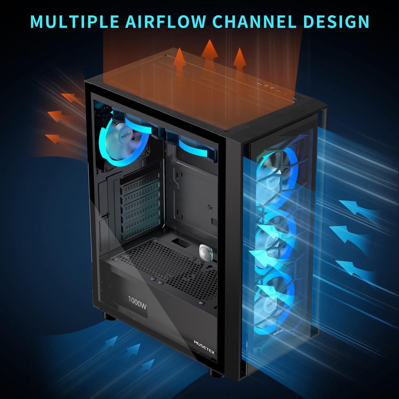 Alt view image 4 of 6 - MUSETEX ATX PC Case, 6 PWM ARGB Fans Pre-Installed, Computer Case with Opening Tempered Glass Door, Mid Tower Gaming PC Case, USB 3.0 x 2, Black, G07-S6