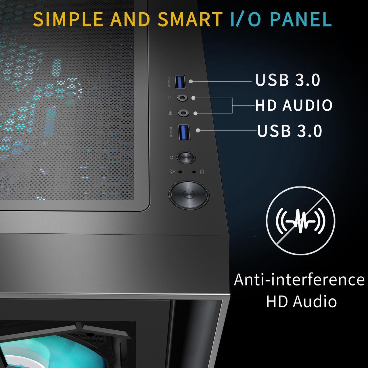 Alt view image 5 of 6 - MUSETEX ATX PC Case, 6 PWM ARGB Fans Pre-Installed, Computer Case with Opening Tempered Glass Door, Mid Tower Gaming PC Case, USB 3.0 x 2, Black, G07-S6