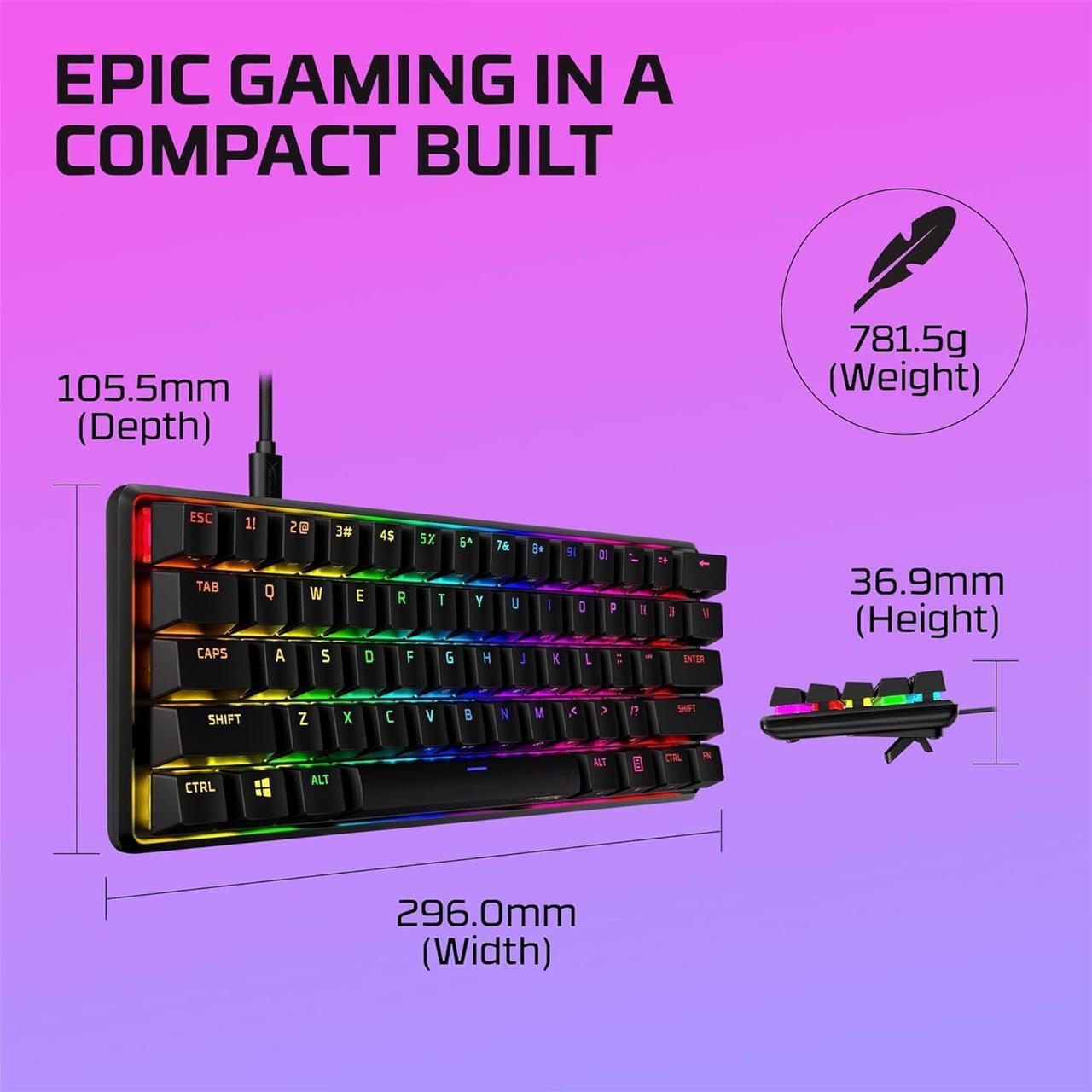 Alt view image 5 of 7 - HyperX Alloy Origins 60 - Mechanical Gaming Keyboard - Ultra Compact 60% Form Factor - Tactile Aqua Switch - Double Shot PBT Keycaps - RGB LED Backlit -HyperX Aqua Tactile, Black