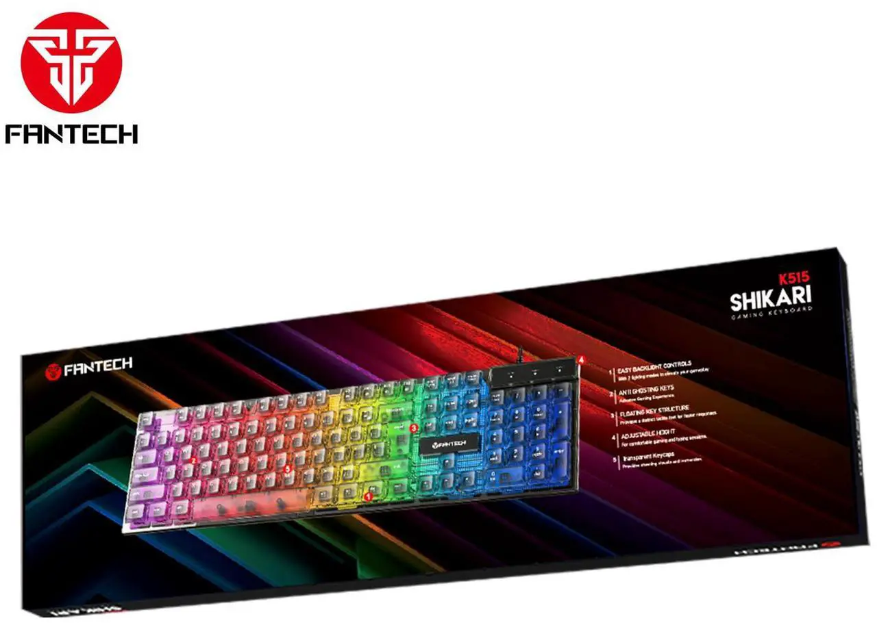Alt view image 6 of 7 - FANTECH SHIKARI K515 Gaming Wired Keyboard,104 Key, Transparent Keycaps,8-Million Keys Lifetime,Rubberdome Switches,Lighting Effect,Multimedia Control ,Adjustable Height
