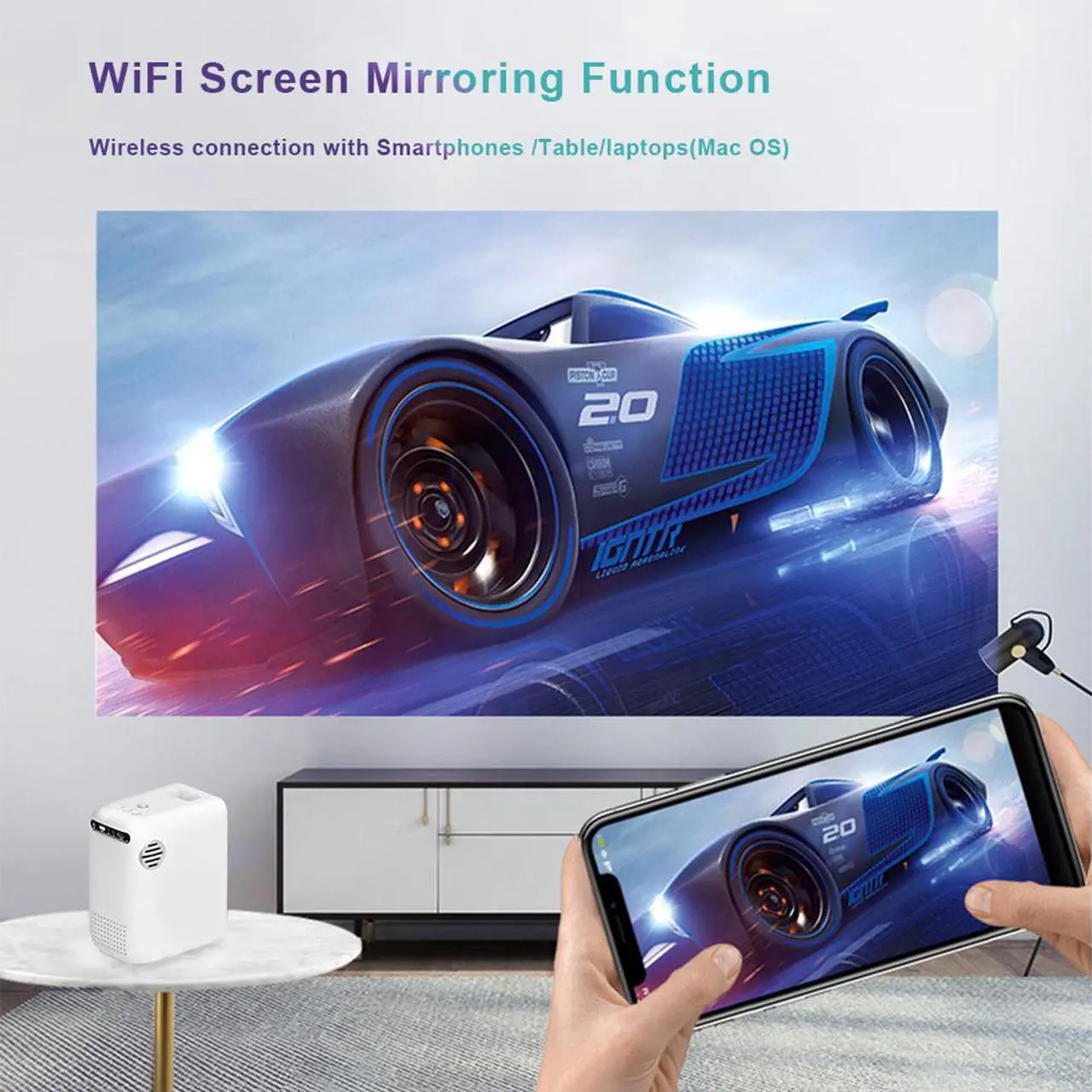Alt view image 3 of 7 - 1080P Native Portable WiFi Projector, 4500 Lumens Wireless Home Theater Projector with Screen Mirroring & Casting, Upright Design & Bluetooth Speaker Mode