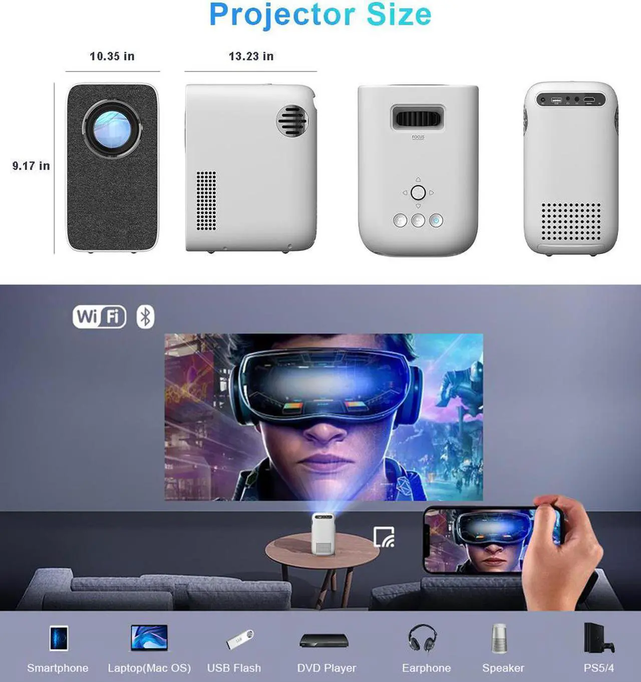 Alt view image 6 of 7 - 1080P Native Portable WiFi Projector, 4500 Lumens Wireless Home Theater Projector with Screen Mirroring & Casting, Upright Design & Bluetooth Speaker Mode