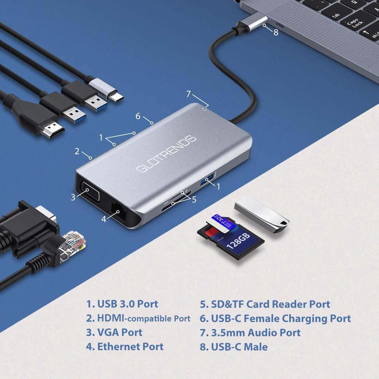 Alt view image 2 of 7 - 10-in-1 USB C Hub with Ethernet, 4K@30Hz HDMI, VGA, 3 USB3.0, SD/TF Card Reader, Mic, USB-C PD 3.0, Compatible for MacBook Air Pro and Other Type C Laptop