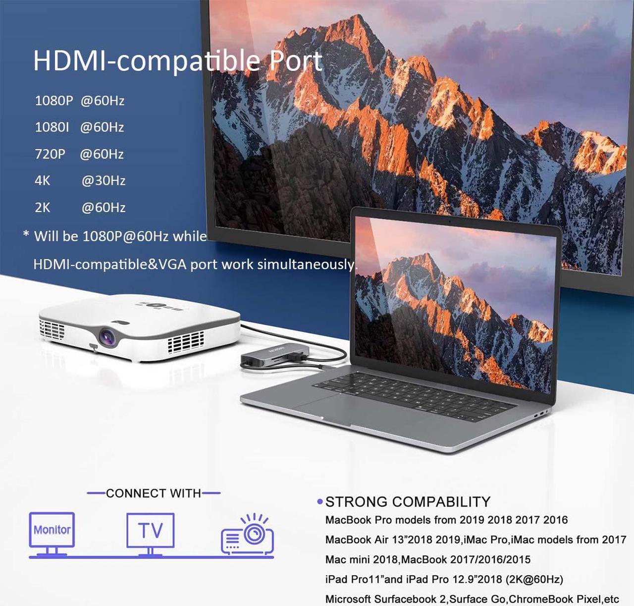 Alt view image 3 of 7 - 10-in-1 USB C Hub with Ethernet, 4K@30Hz HDMI, VGA, 3 USB3.0, SD/TF Card Reader, Mic, USB-C PD 3.0, Compatible for MacBook Air Pro and Other Type C Laptop