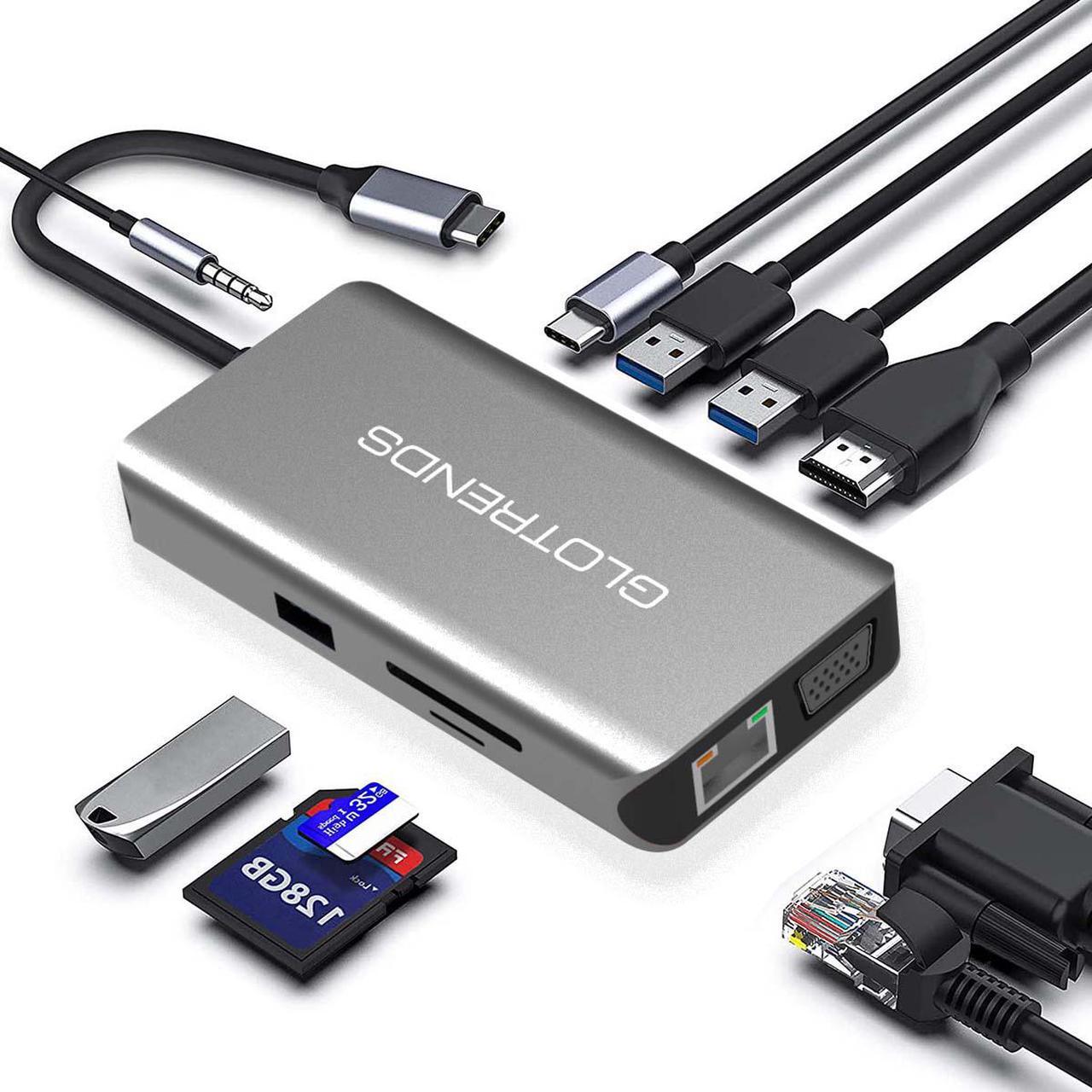 Main image of 10-in-1 USB C Hub with Ethernet, 4K@30Hz HDMI, VGA, 3 USB3.0, SD/TF Card Reader, Mic, USB-C PD 3.0, Compatible for MacBook Air Pro and Other Type C Laptop