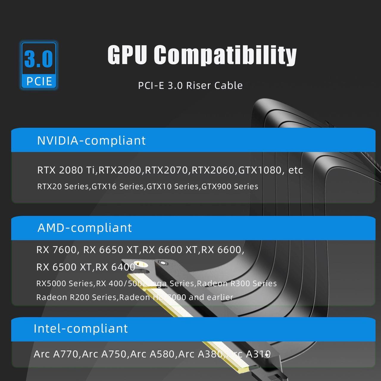 Alt view image 2 of 7 - GLOTRENDS PCIe 3.0 X16 Riser Cable, Compatible with NVIDIA-RTX 2000/GTX1600 Series, AMD-RX6000/5000/500/400/Vega Series, etc.