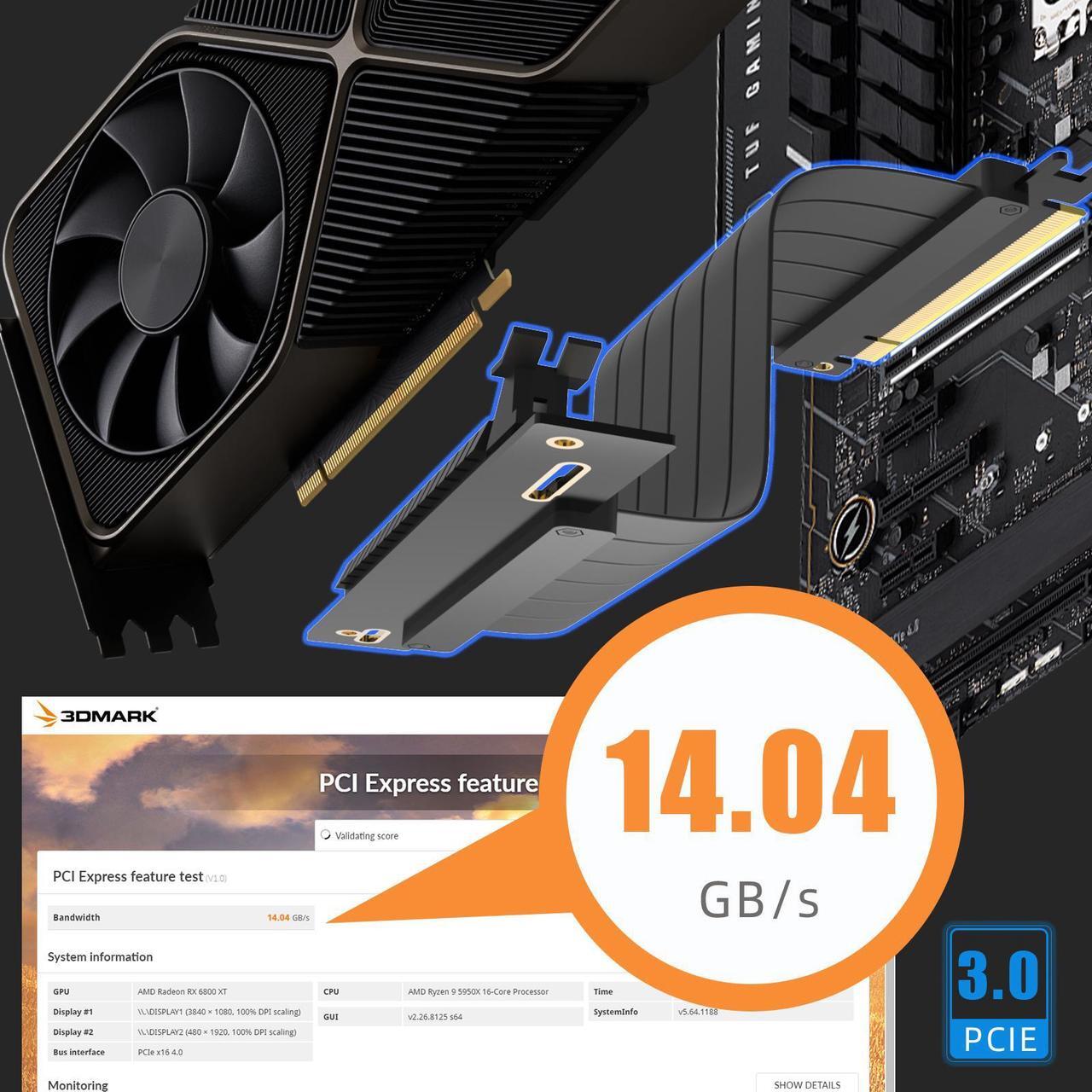 Alt view image 3 of 7 - GLOTRENDS PCIe 3.0 X16 Riser Cable, Compatible with NVIDIA-RTX 2000/GTX1600 Series, AMD-RX6000/5000/500/400/Vega Series, etc.