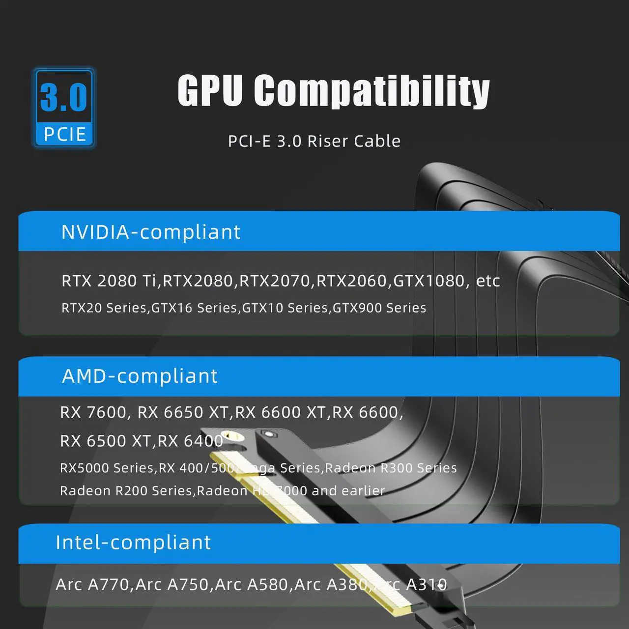 Alt view image 2 of 7 - GLOTRENDS PCIe 3.0 X16 Riser Cable, Compatible with NVIDIA-RTX 2000/GTX1600 Series, AMD-RX6000/5000/500/400/Vega Series, etc.