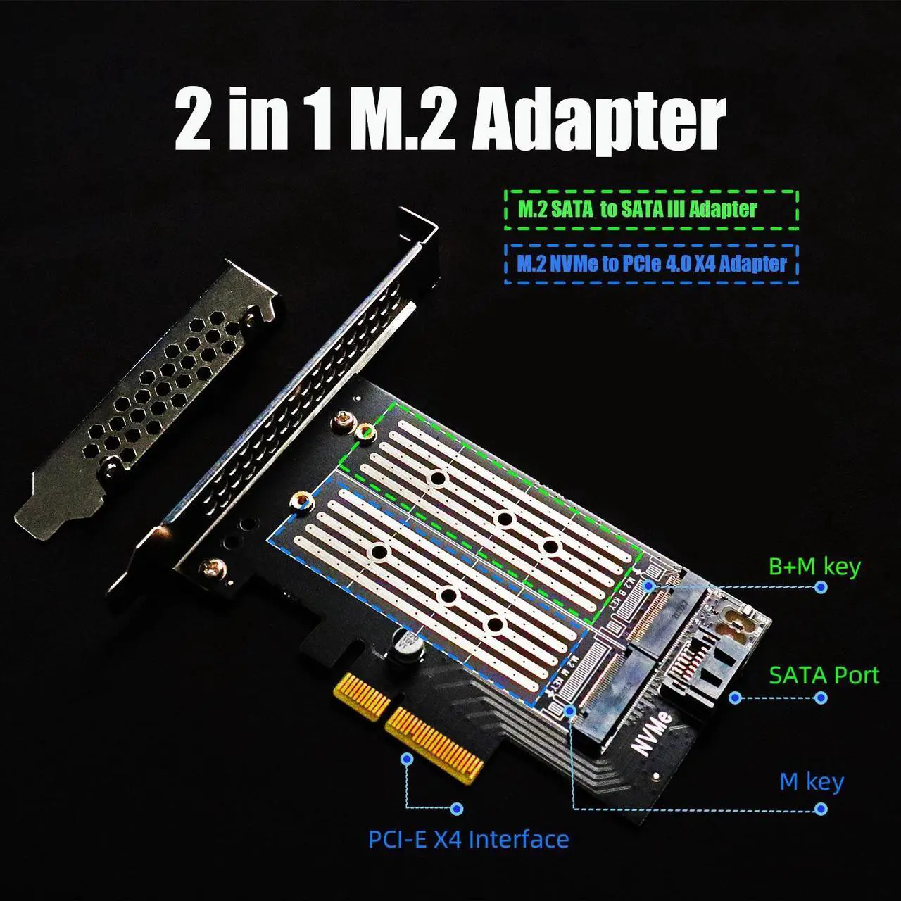 Alt view image 2 of 7 - GLOTRENDS PA12-HS 2-in-1 M.2 PCIe 4.0 X4 Adapter with M.2 Heatsink, For One M.2 NVMe SSD and One M.2 SATA SSD, Support 2230/2242/2260/2280 Size