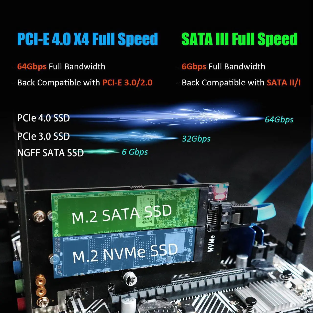 Alt view image 3 of 7 - GLOTRENDS PA12-HS 2-in-1 M.2 PCIe 4.0 X4 Adapter with M.2 Heatsink, For One M.2 NVMe SSD and One M.2 SATA SSD, Support 2230/2242/2260/2280 Size
