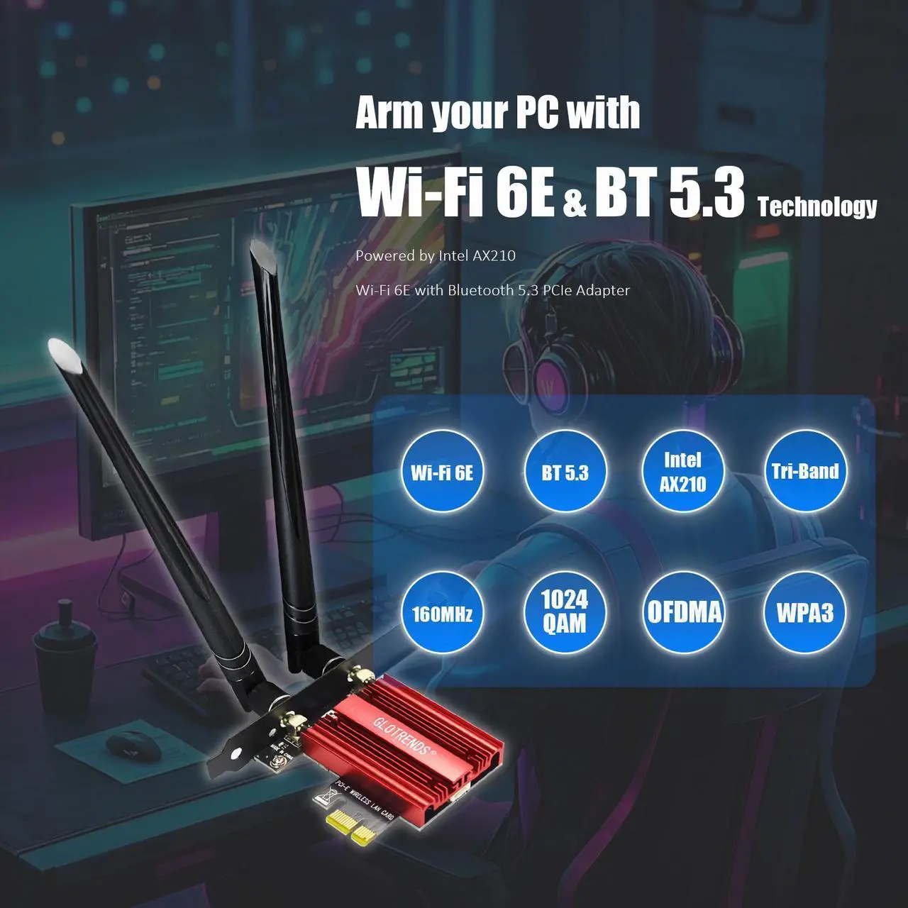 Alt view image 2 of 7 - GLOTRENDS AX5400 WiFi 6E PCIe Card with Low-Profile Bracket for Desktop PC, Intel AX210 Chip, 802.11ax, Bluetooth 5.3, Support Windows 11/10/Linux, Not Support Mac OS/Windows 7/XP
