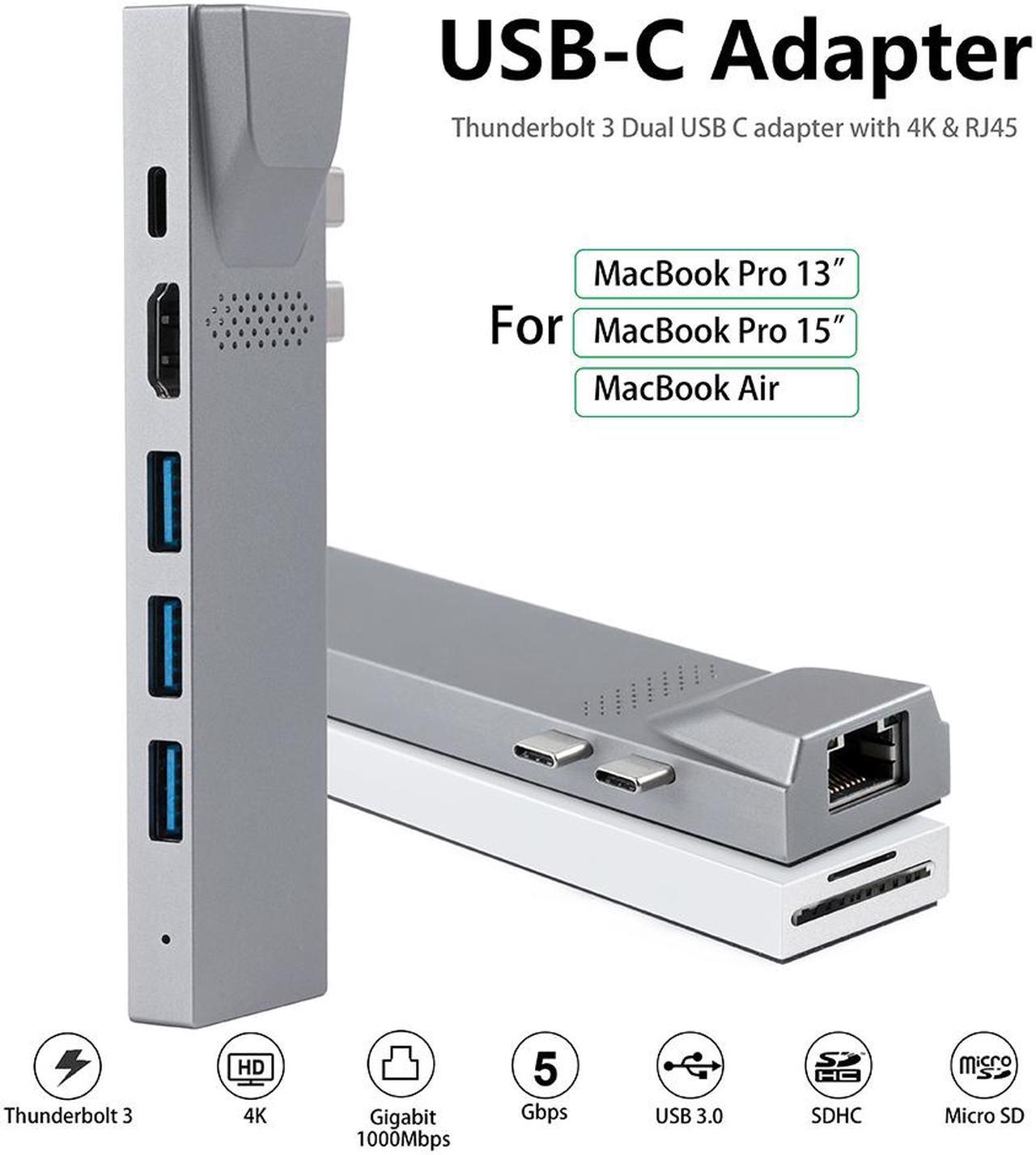 8 IN 1 Aluminium Type C HUB USB C Charging Adapter Thunderbolt Hub 3-ports usb3.0+SD/TF Card Reader+USB C Thunderbolt+HDMI+RJ45 Gigabit LAN for Macbook Pro 13",Macbook Pro 15",Macbook AIR(Dual Jack)