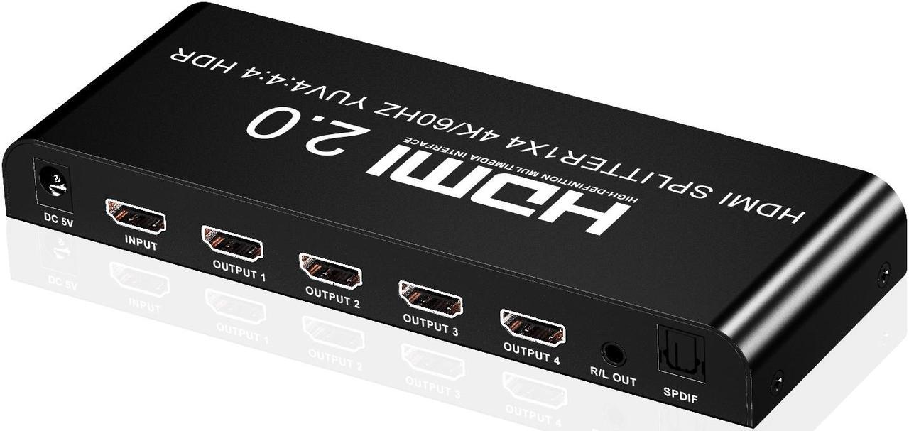 4K@60fs HDMI Splitter 1x4 HDMI 2.0 Splitter 4 Display (Same Time) 3.5mm Audio Output Optical SPDIF Toslink with Power Supply for HDTV Blu-ray DVD HD-DVD Players PS3 PS4 XBOX PC laptop