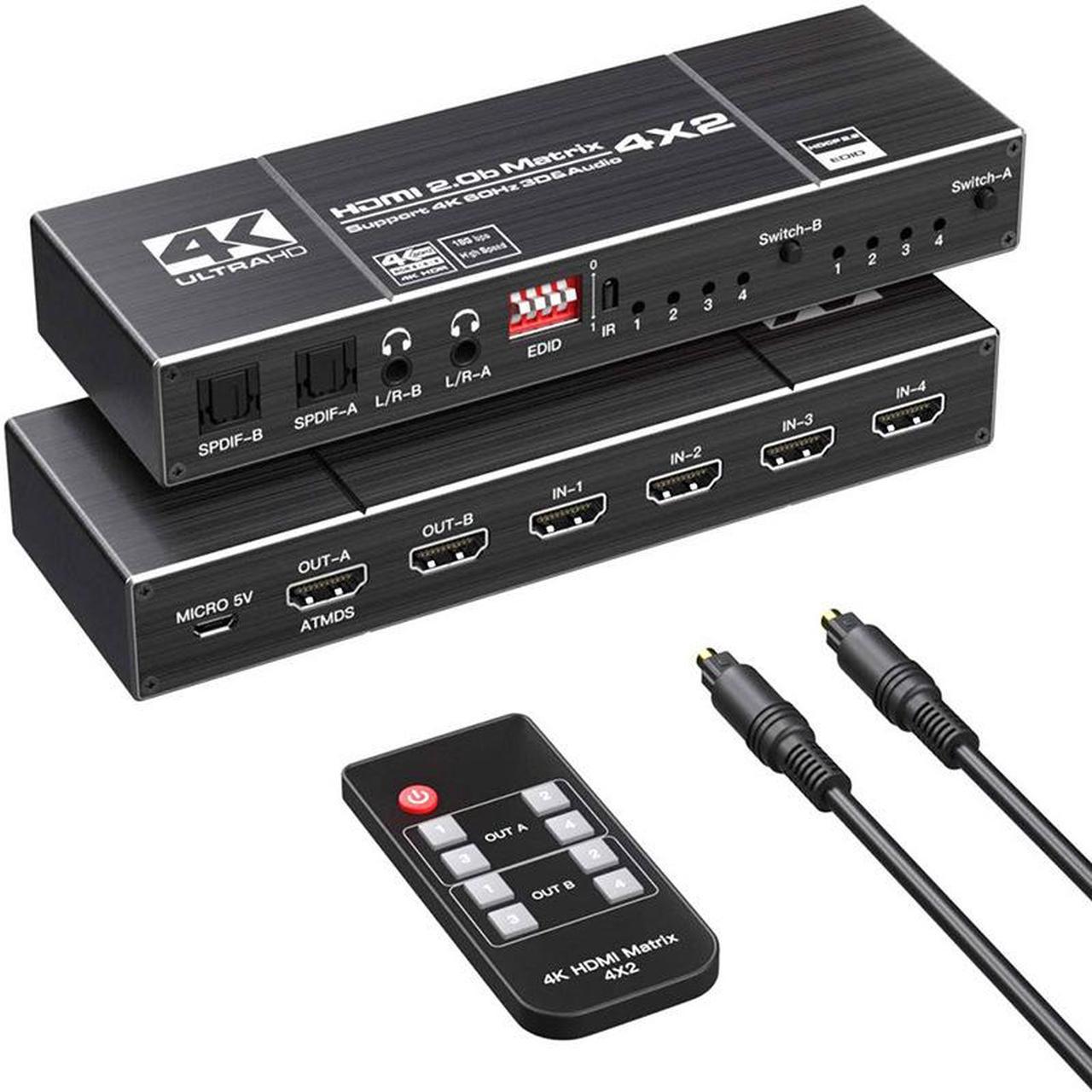 4*2 HDMI Switch Splitter 4 in 2 out 4K@60HZ HDMI 1.4 Matrix 4X2 Dual Audio Output Optical SPDIF 3.5mm L/R 3D Support EDID with Remote Switch Controller