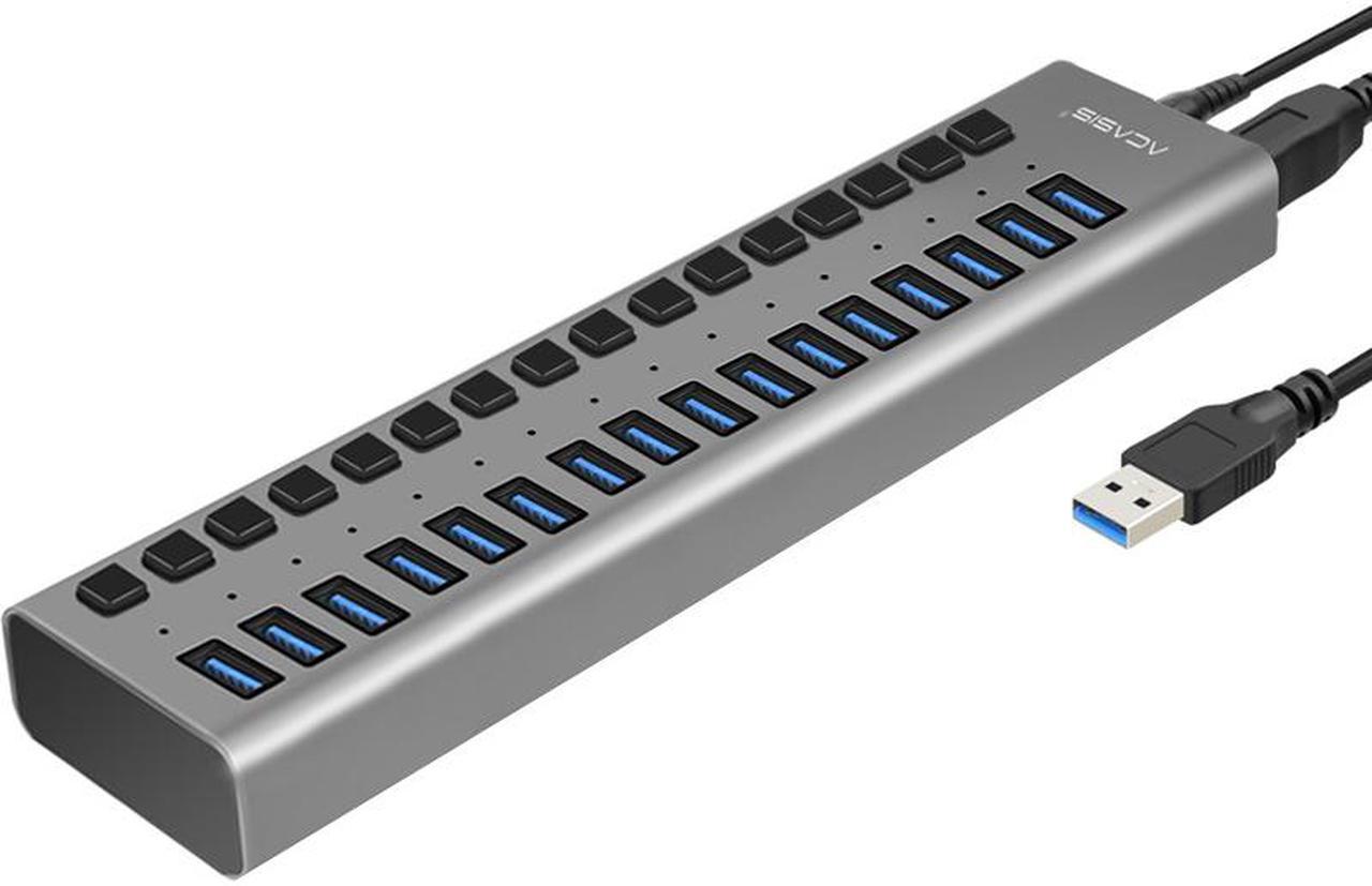 ACASIS USB 3.0 Hub Super Speed Splitter,16 Ports USB Data Hub with Power Adapter,Individual On/Off Switches and Lights for Laptop, PC, Computer, Mobile HDD, Flash Dr Each Port can Charge Grey