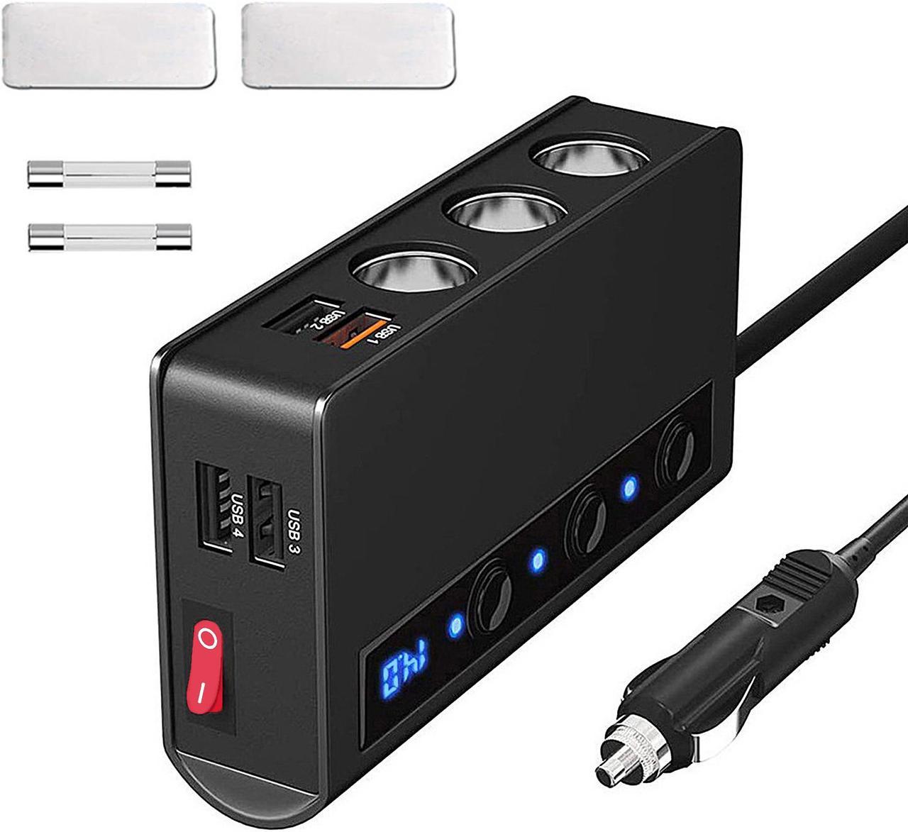 Quick Charge 3.0 Cigarette Lighter Splitter 4-Port USB Car Charger 12V/24V 3-Socket 180W ON-OFF DC Power