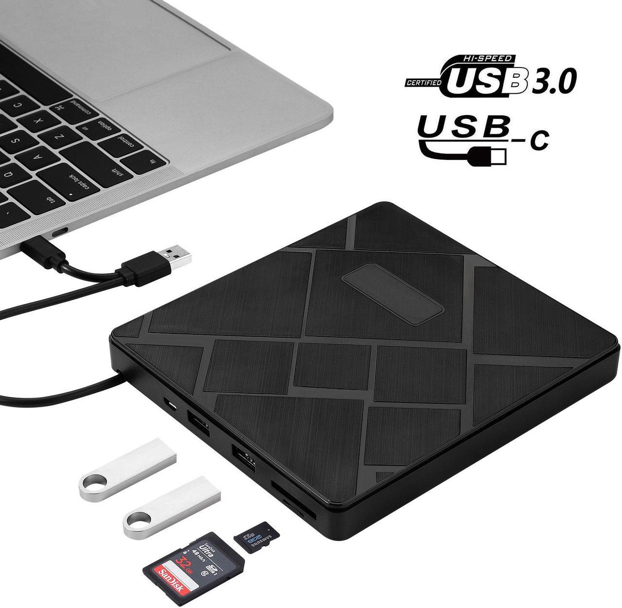 USB3.0+Type-C DVD Burner DVD RW CD Writer External Optical Drive CD/DVD Player TF/SD Card Reader for Laptop Windows PC