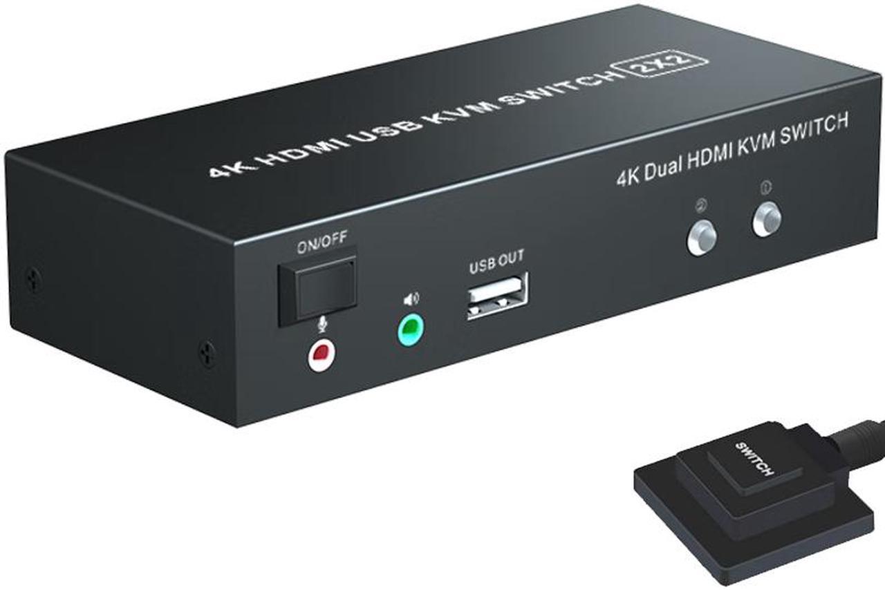 2 X 2 HDMI KVM Switch 4K 60Hz Dual Monitor KVM Switch 2 In 2 Out USB HDMI KVM Switcher 3840*2160@60Hz 3.5mm Microphone Audio Input with Desk Wired Switch