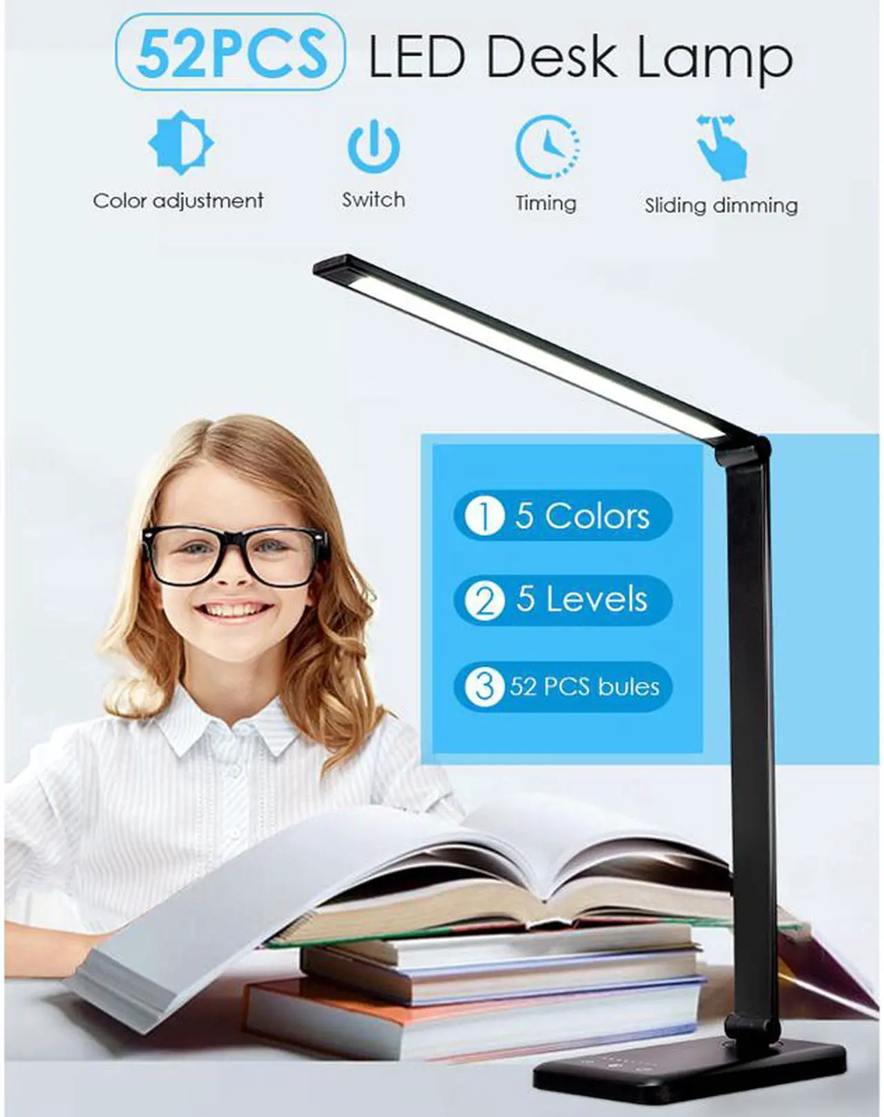 Alt view image 2 of 7 - 52PCS LED Desk Lamp 5 Color x5 Dimable Level Touch USB Chargeable Reading Eye-protect with timer Table lamp Night Light