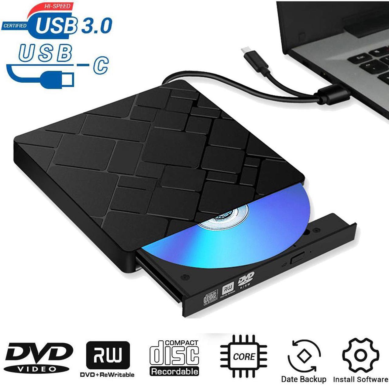 External DVD Drive, DVD Player for Laptop, USB 3.0 Type-C Dual Port Portable External CD DVD Drive, Drive Slim DVD/CD ROM Rewriter Burner Compatible with Laptop Desktop PC Windows Linux Mac OS (Black)