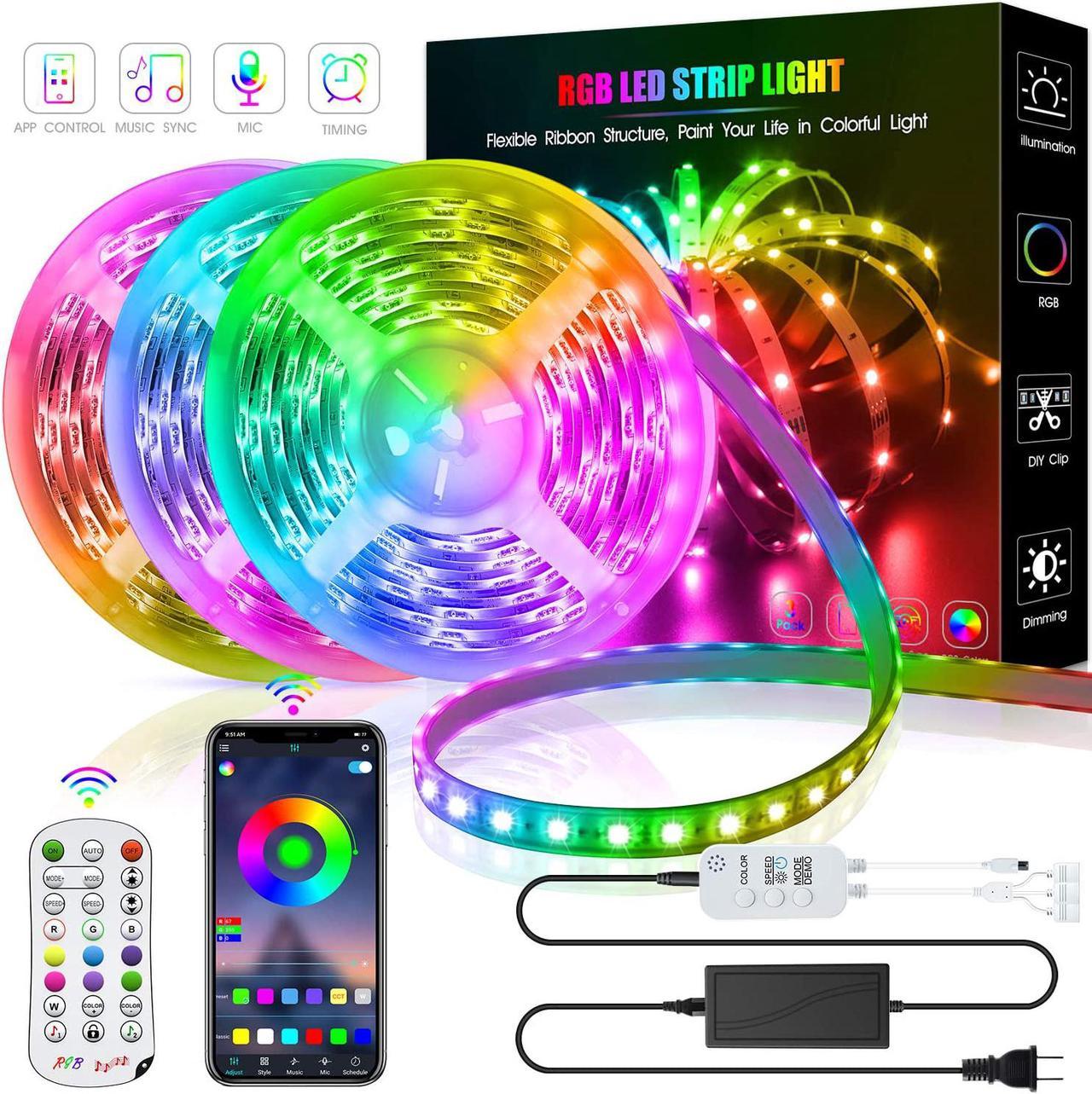 50ft/15M LED Strip Lights, HRDJ RGB LED Light Strip Music Sync RGB LED Strip,5050 SMD Color Changing LED Strip Light Bluetooth Controller + 24 Key Remote LED Lights for Bedroom Home Party