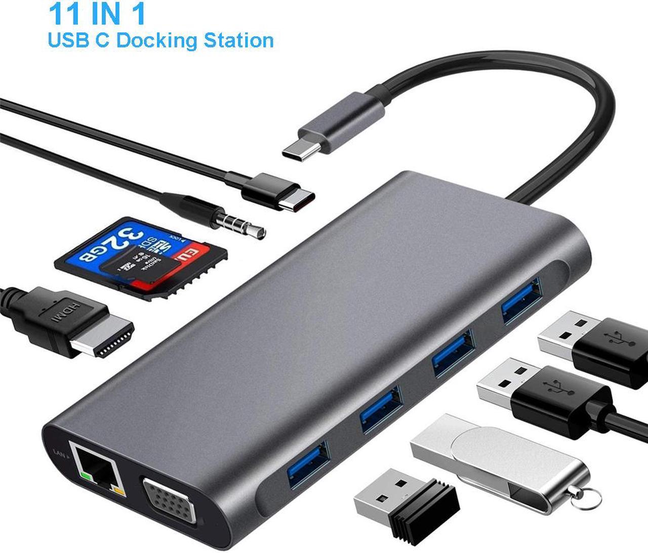 11in1 Type C Docking Station USB-C Adpater Hub, 4 x USB3.0, HDMI SD TF Card Reader PD Charging VGA RJ45 Gigabit Ethernet and Audio Mic Port Compatible for MacBook, ChromeBook More