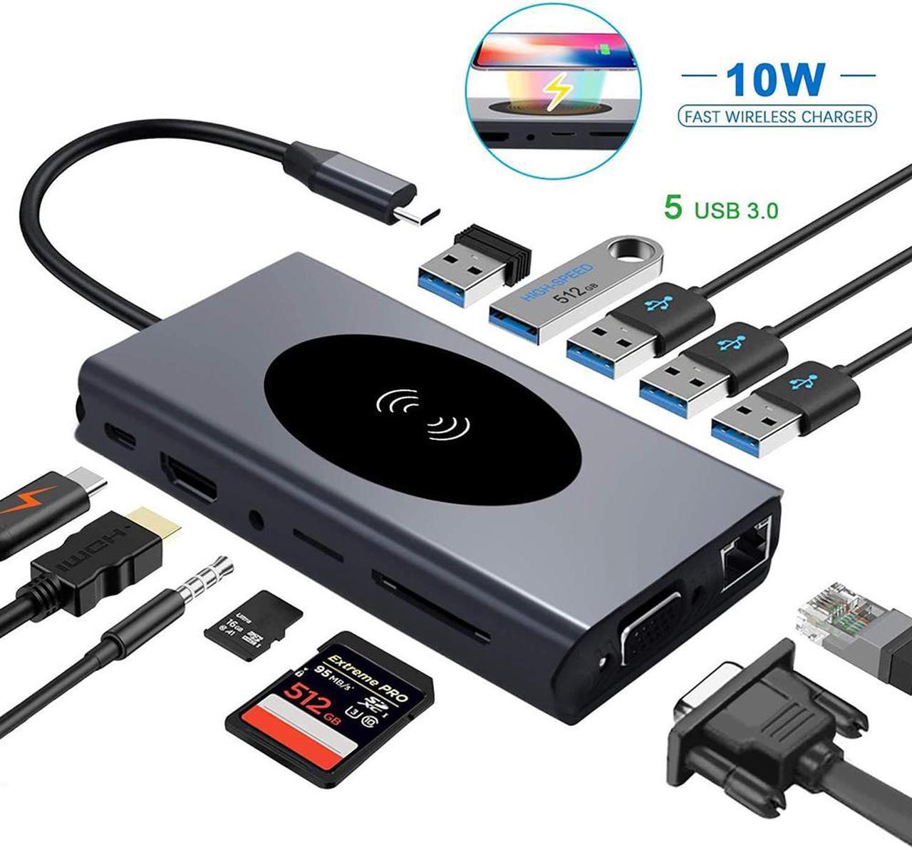 USB C Hub Multiport Adapter, 13 in 1 Type C Docking Station with Ethernet/Wireless Charge/4K HDMI Output/USB 3.0 Ports/60W PD/SD TF Card Reader for MacBook Pro