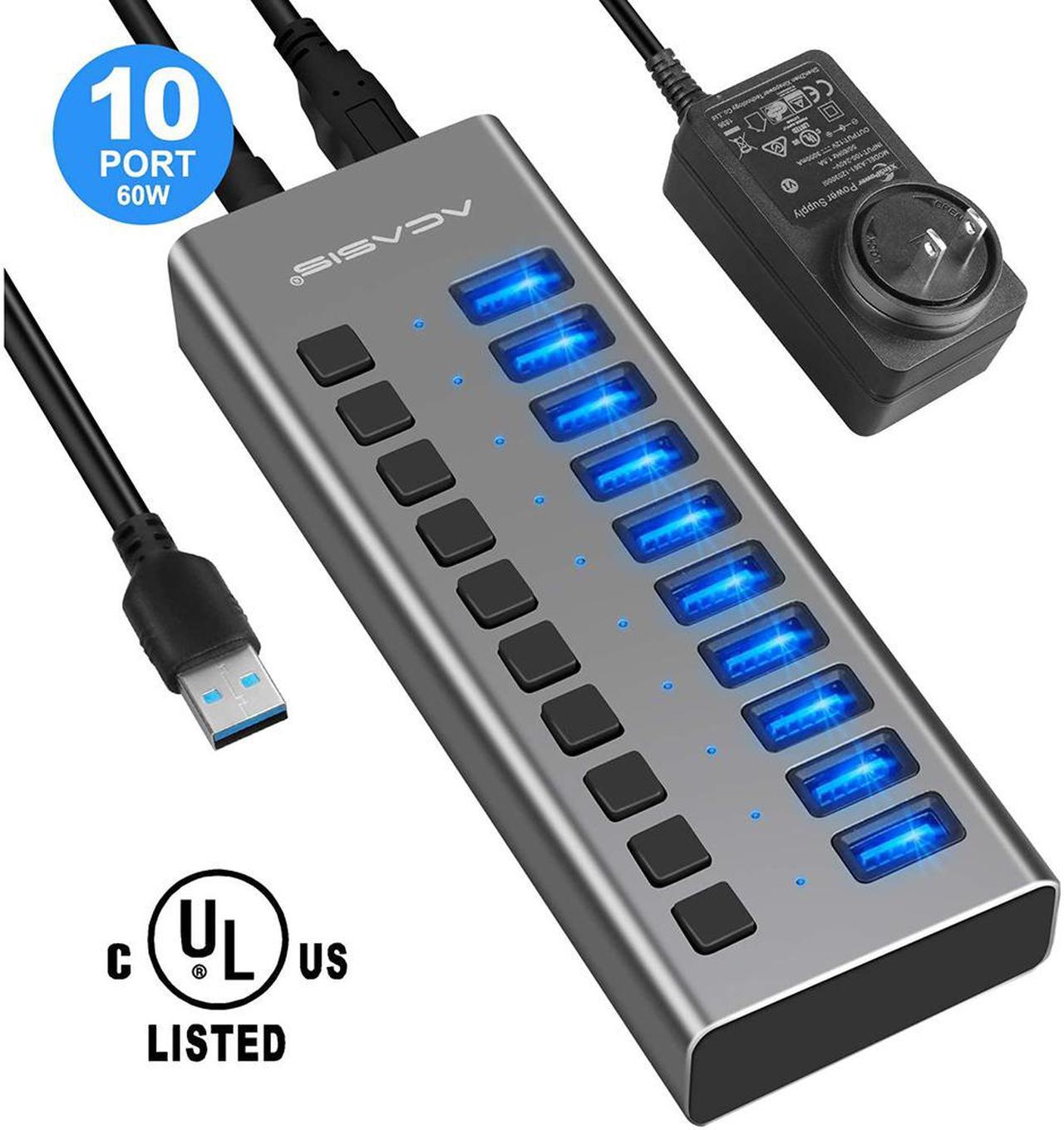 Powered USB Hub - 10 Ports 48W USB 3.0 Data Hub - with Individual On/Off Switches and 12V/4A Power Adapter USB Hub 3.0 Splitter for Laptop, PC, Computer, Mobile HDD, Flash Drive and More