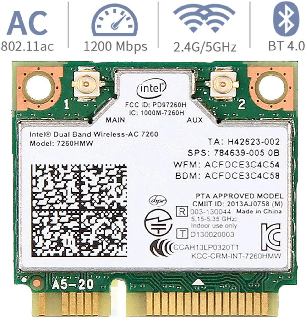 Main image of Mini pcie WiFi Card Dual Band Wireless AC 7260 PCI Express Card 802.11ac 2x2 Wi-Fi 7260hmw Bluetooth 4.0 PCIe Half WiFi Card 802.11 b/a/g/n/ac for Laptop Window 7 8 8.1 10 Linux 2.4.x/2.6.x or Later