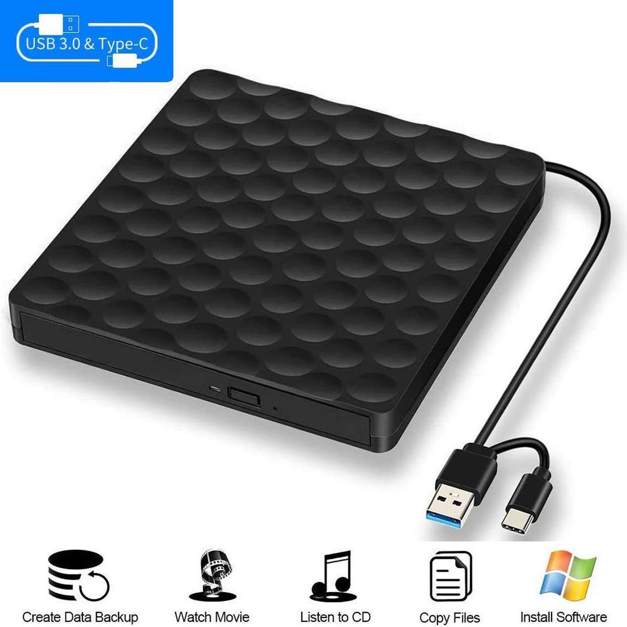 External CD DVD Drive for Laptop, High-Speed Transfer USB 3.0 & USB Type C Slim Portable CD DVD +/-RW Optical Drive Burner Writer Reader with Type-C Adapter for PC Desktops, Compatible with PC Desktop