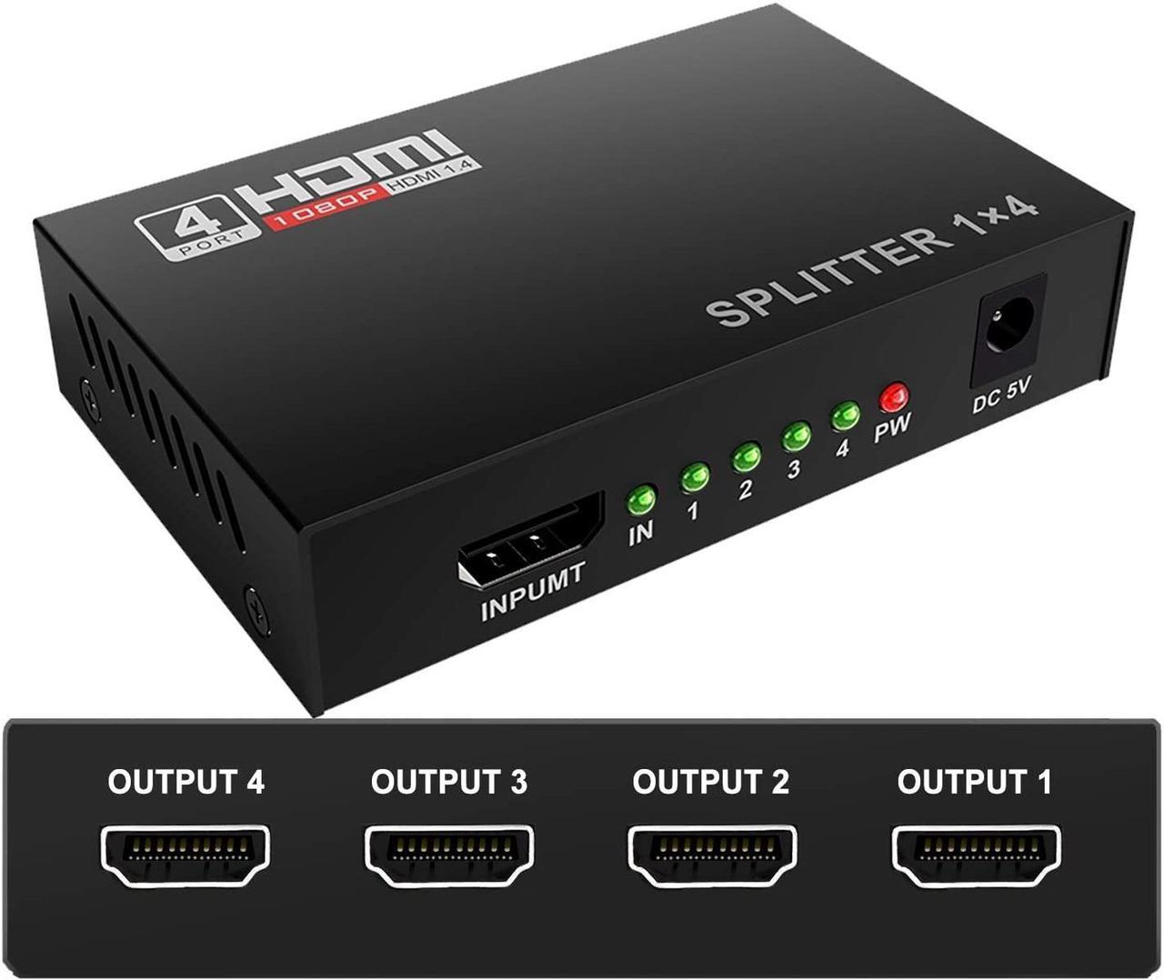 HDMI Splitter 1 in 4 Out V1.4 Powered 1x4 Ports Box Supports 4K @30Hz Full Ultra HD 1080P 3D Compatible with PC STB Xbox PS4 Fire Stick Roku Blu-Ray Player TV HDTV (1 Input to 4 Outputs)