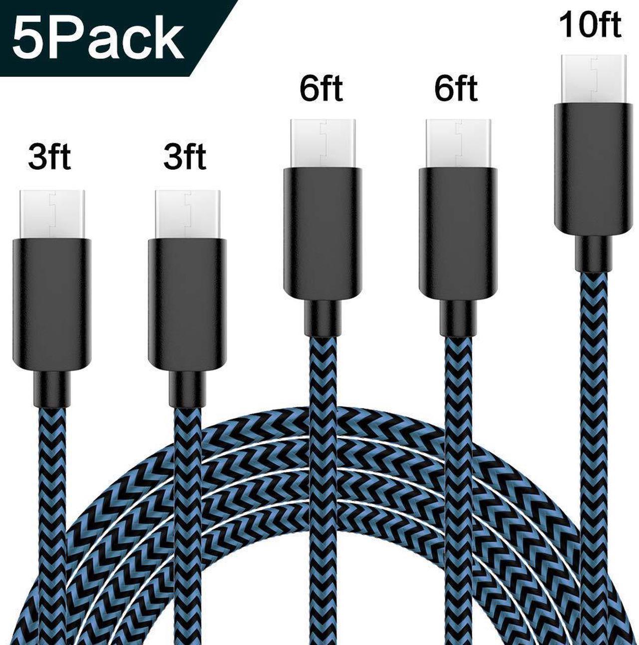 USB Type C Cable 5Pack (3/3/6/6/10FT) Nylon Braided USB C Cable Fast Charger Charging Cord Compatible Samsung Galaxy S9 S8 Note 9 Note 8 Plus,LG V30 G6 G5 V20,Google Pixel, Moto Z2 (Blue)