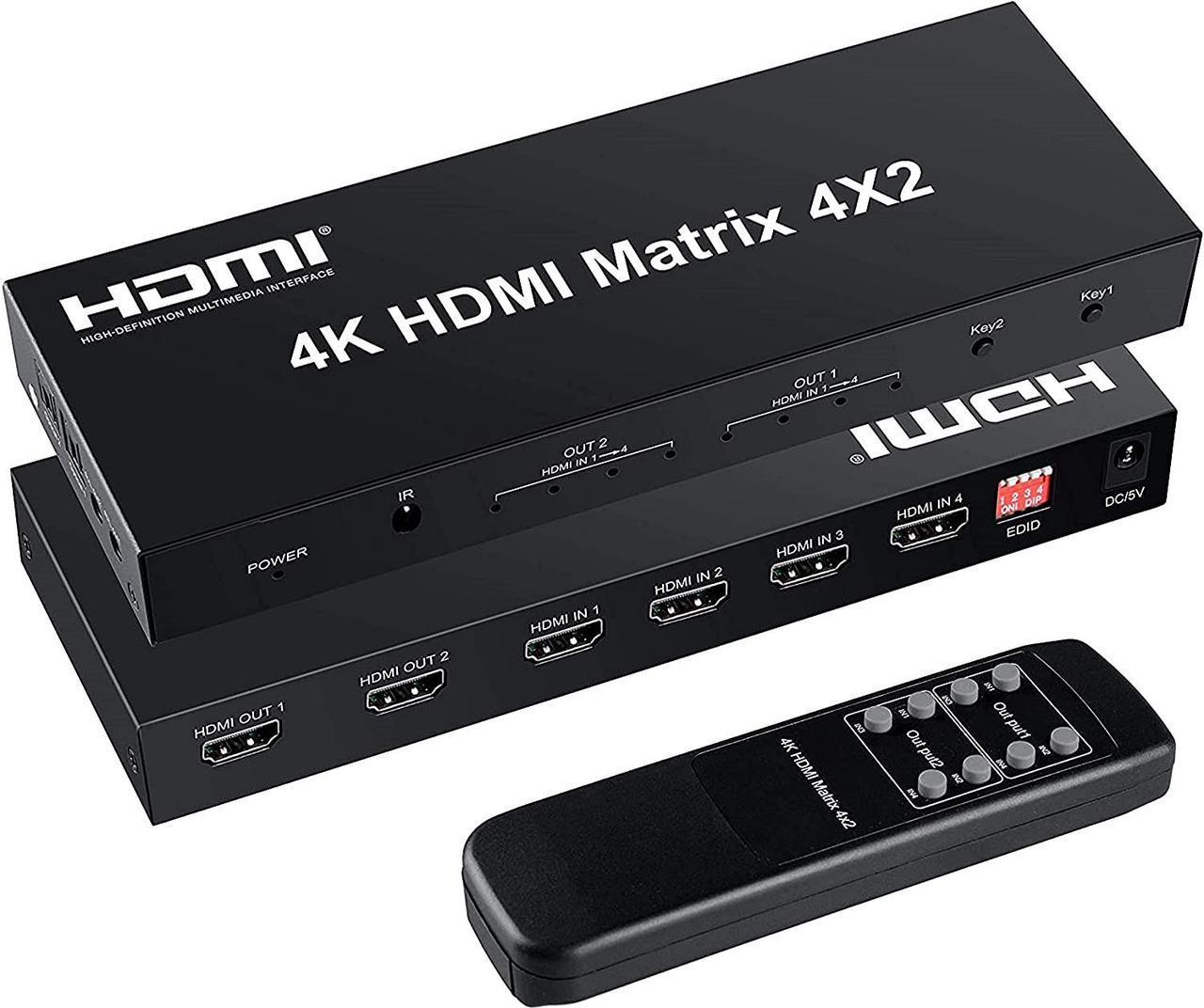 4x2 HDMI Matrix Switch,4 in 2 Out Matrix HDMI Video Switcher Splitter +Optical & L/R Audio Output, Support Ultra HD 4K x 2K,3D 1080P, Audio EDID Extractor with IR Remote Control & Power Adapter