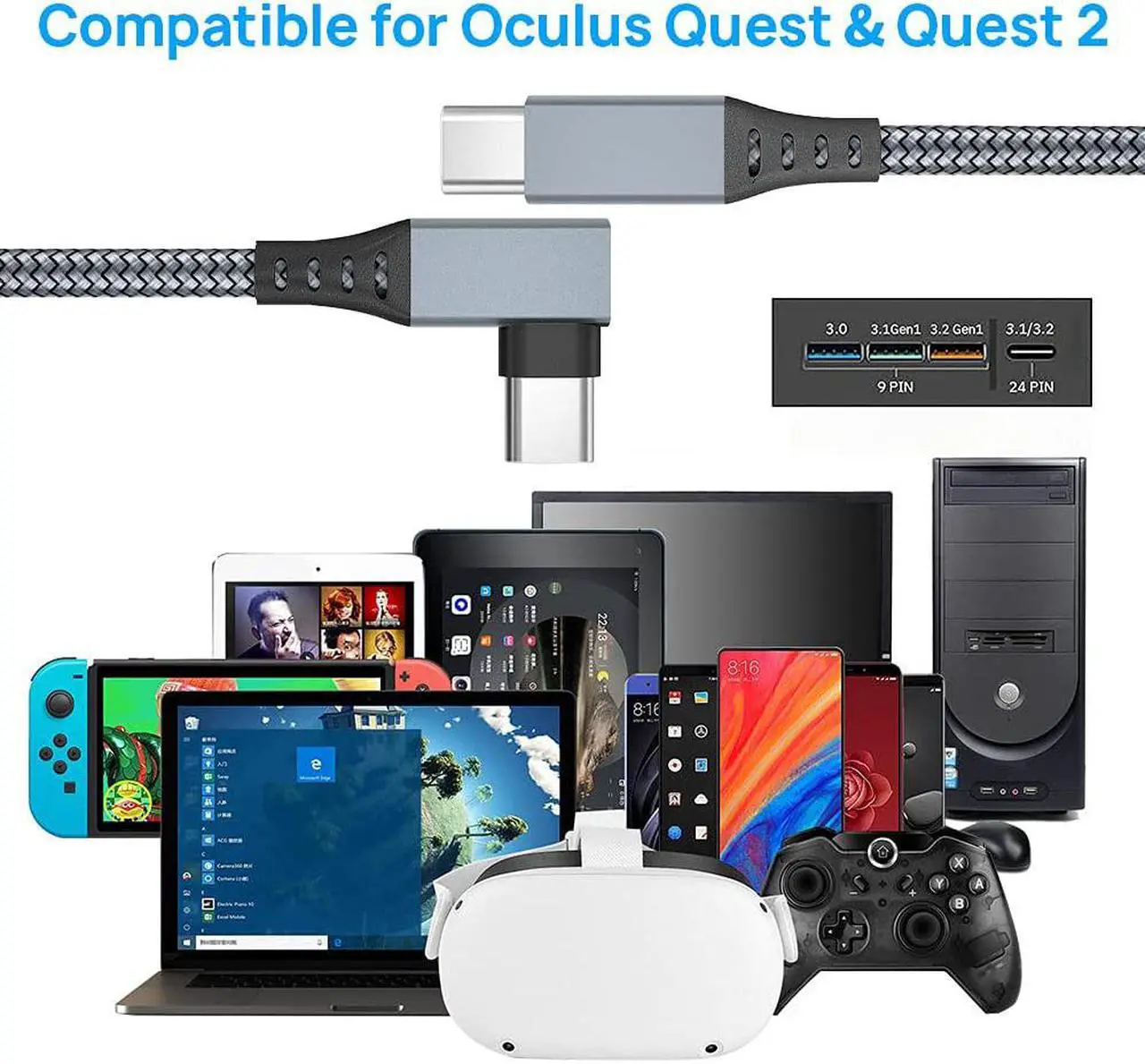 Alt view image 3 of 7 - Oculus Quest 2 Link Cable, 16FT / 5M Link Virtual Reality Headset Cable for Oculus Quest 2, USB C to C 3.0 Fast Charging and Data Transmission for Cellphone & PC VR Headset (Gray)
