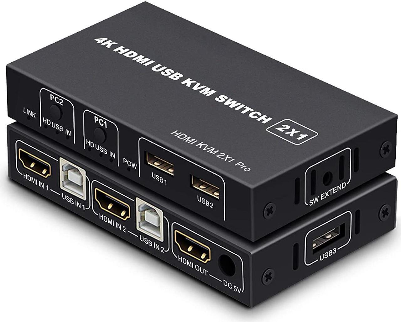 KVM HDMI USB Switch 2x1, USB Switch 4K HDMI Switcher Box for 2 Computers Share Keyboard Mouse Monitor Support 4K@30Hz for Laptop,PC,Xbox HDTV, with 2x USB Cable,1x Switch Button Cable