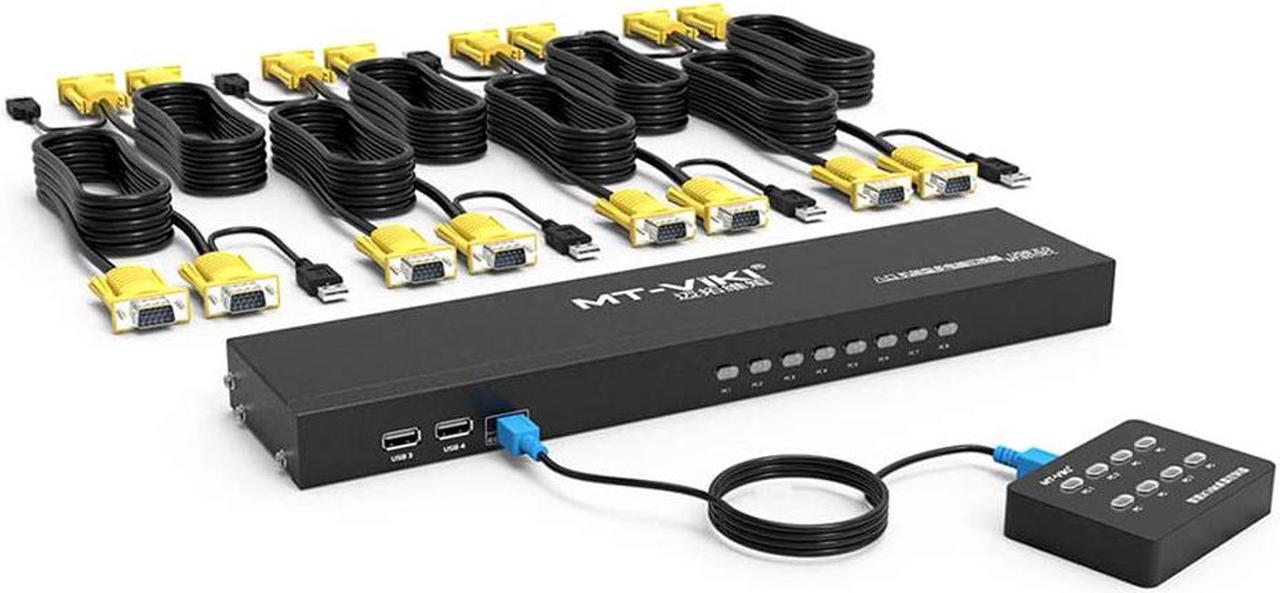 KVM Switch 8 Port KVM Switch VGA USB+8 Cables 2 in1 & Wired Extended Selector, MT-VIKI 8x1 Rackmount KVM VGA Switch