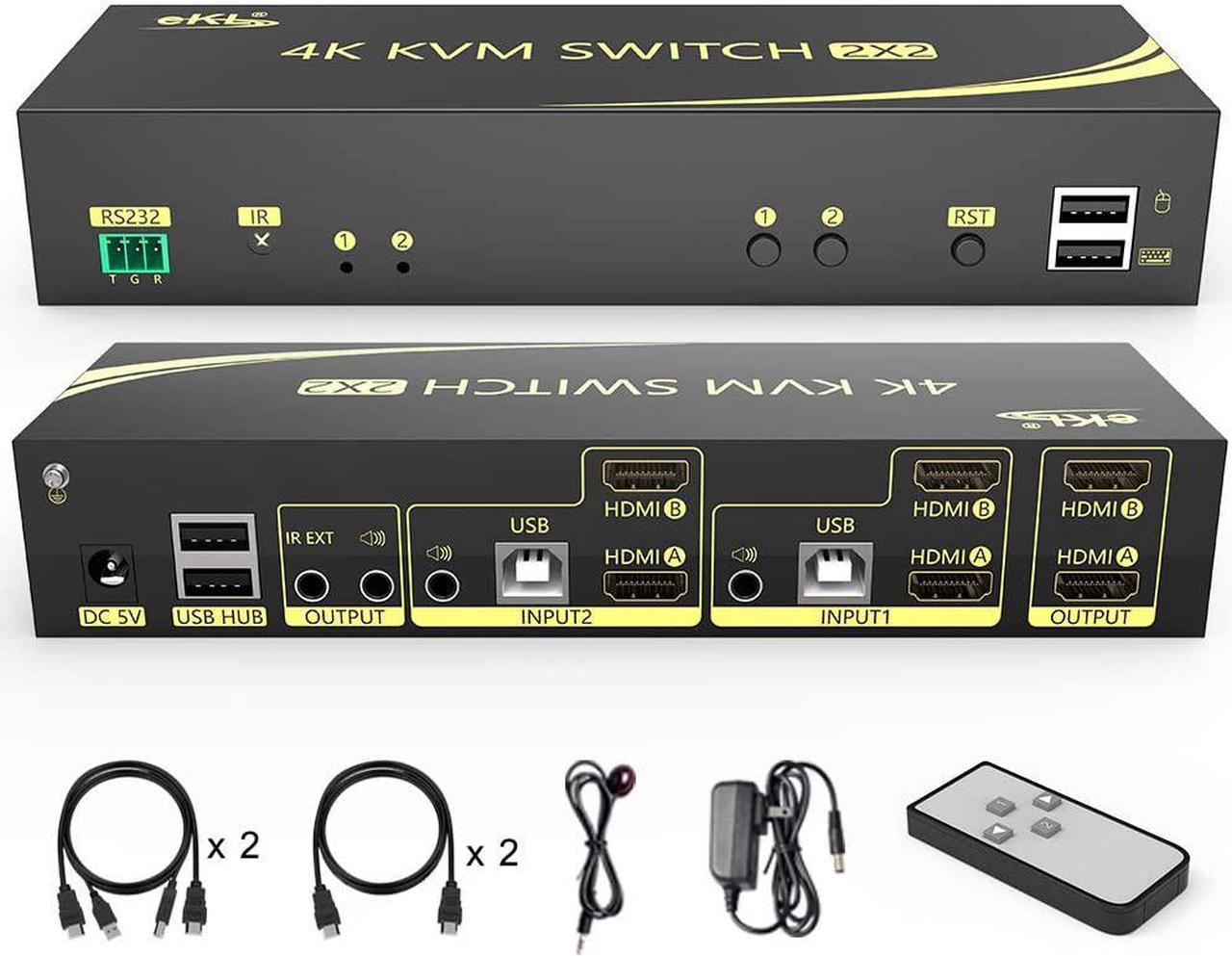 4K HDMI KVM Switch 2 in 2 Out Dual Monitor Extended Display 4K @60Hz 4:4:4 with Audio and USB 2.0 Hub Sharing PC Monitor Keyboard Mouse Switcher; supports RS232, Remote control, Hotkey