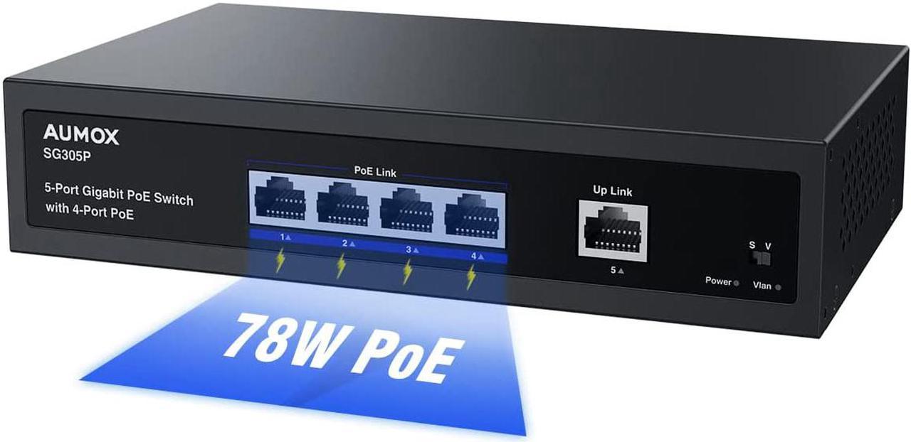 5 Port Gigabit PoE Switch, 4 Port PoE 78W, Gigabit Ethernet Unmanaged Network Switch, Sturdy Metal Housing, Plug and Play, Traffic Optimization