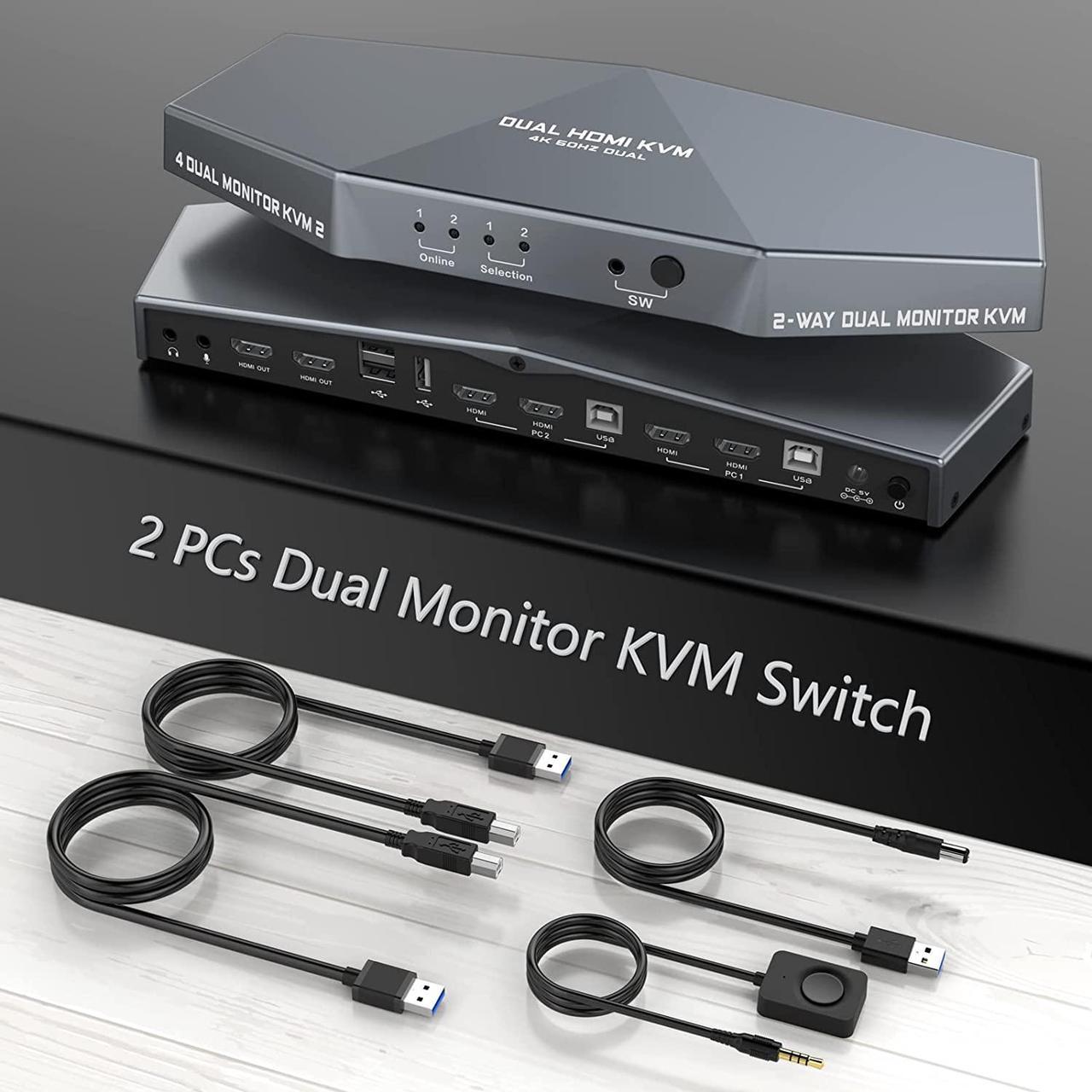 KVM Switch 4K @60Hz 2 PCs Dual Monitor, Dual Monitor Suitable HDMI KVM Switch for 2 Computers + 2 Monitors with Audio, USB Powered, Hotkey Switch, 4K Monitor with Cables