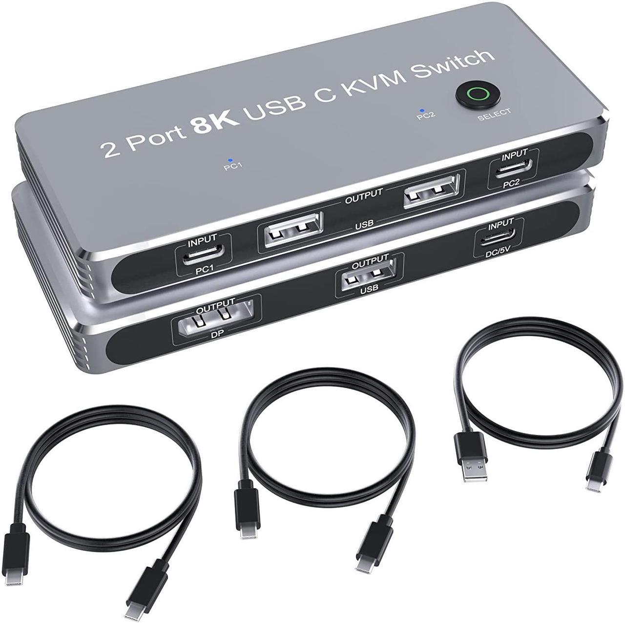 USB C Type-C KVM Switch, 8K USB C KVM Switches 2 Ports USB Type-C for 2 Computers Share One 8K @60Hz HD Monitor, Switch Selector with 3 USB Supported Wireless Devices Keyboard Mouse Printer Scanner