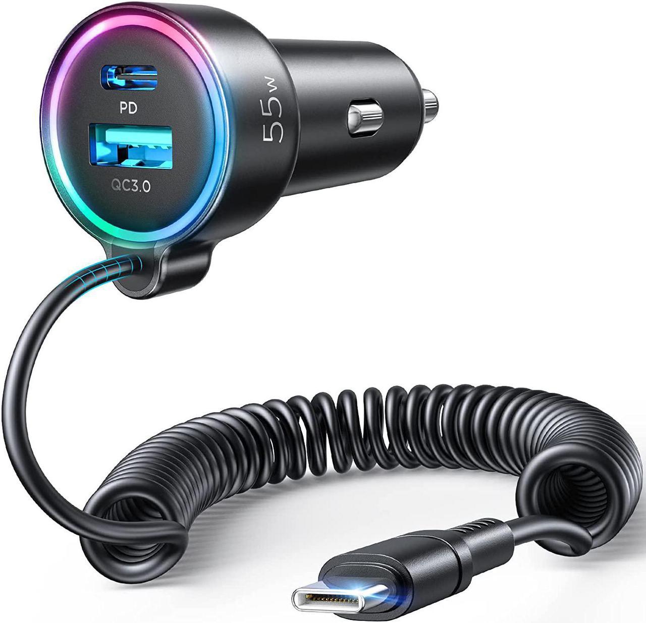 USB C Car Charger, 55W 3-Port Super Fast Car Charger PD3.0 & Quick Charge 3.0 with 5ft 30W Super Fast Type C Coiled Cable for Samsung Galaxy S22/21/Google Pixel/Moto G/iPhone/Android, iPad Pro