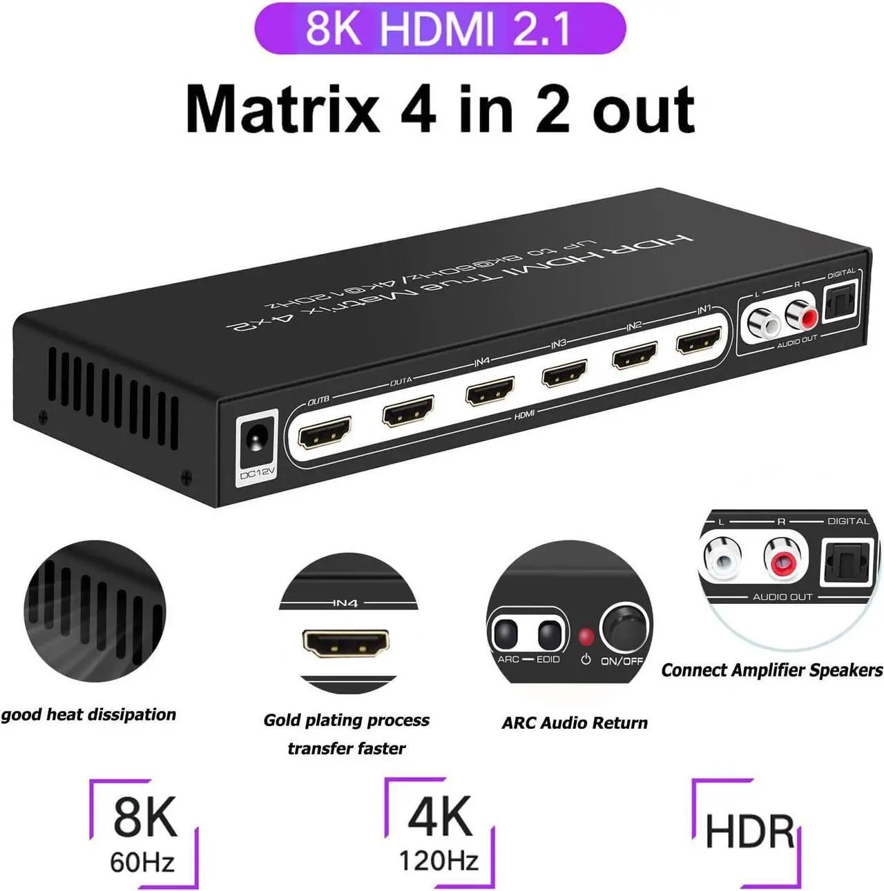 Alt view image 2 of 7 - 8K 4x2 HDMI Matrix Switch,4 in 2 Out Matrix HDMI2.1 Video Switcher Splitter +Optical & RAC Audio Output, Support 8K @60Hz 4K@120Hz HDR10 ARC with IR Remote Control for PS5 Xbox