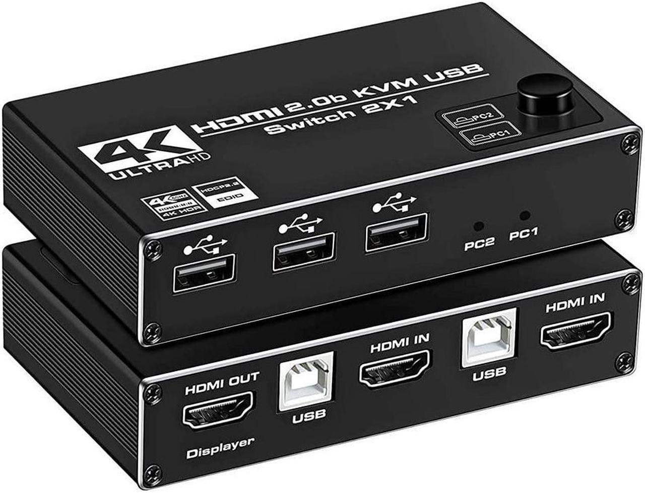 HDMI 2.0b KVM Switch USB 2 Port 4K HDMI, 2 Computers Share One Monitor 2x1 HDMI KVM Switch, 3 USB 2.0 Hub, Ultra HD 4K@60Hz, HDCP 2.2, Support Wireless Keyboard and Mouse