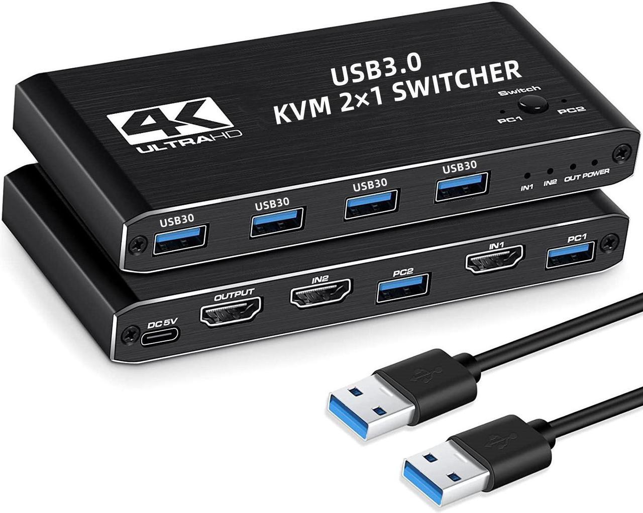 HDMI KVM Switch 2 Port, 4K@60Hz USB KVM Switch 2x1 HDMI2.0 Ports + 4x USB3.0 Ports, Share 2 Computers to one Monitor, Supports Hotkey Switch, Wireless Keyboard and Mouse, USB Disk, Printer, USB Camera